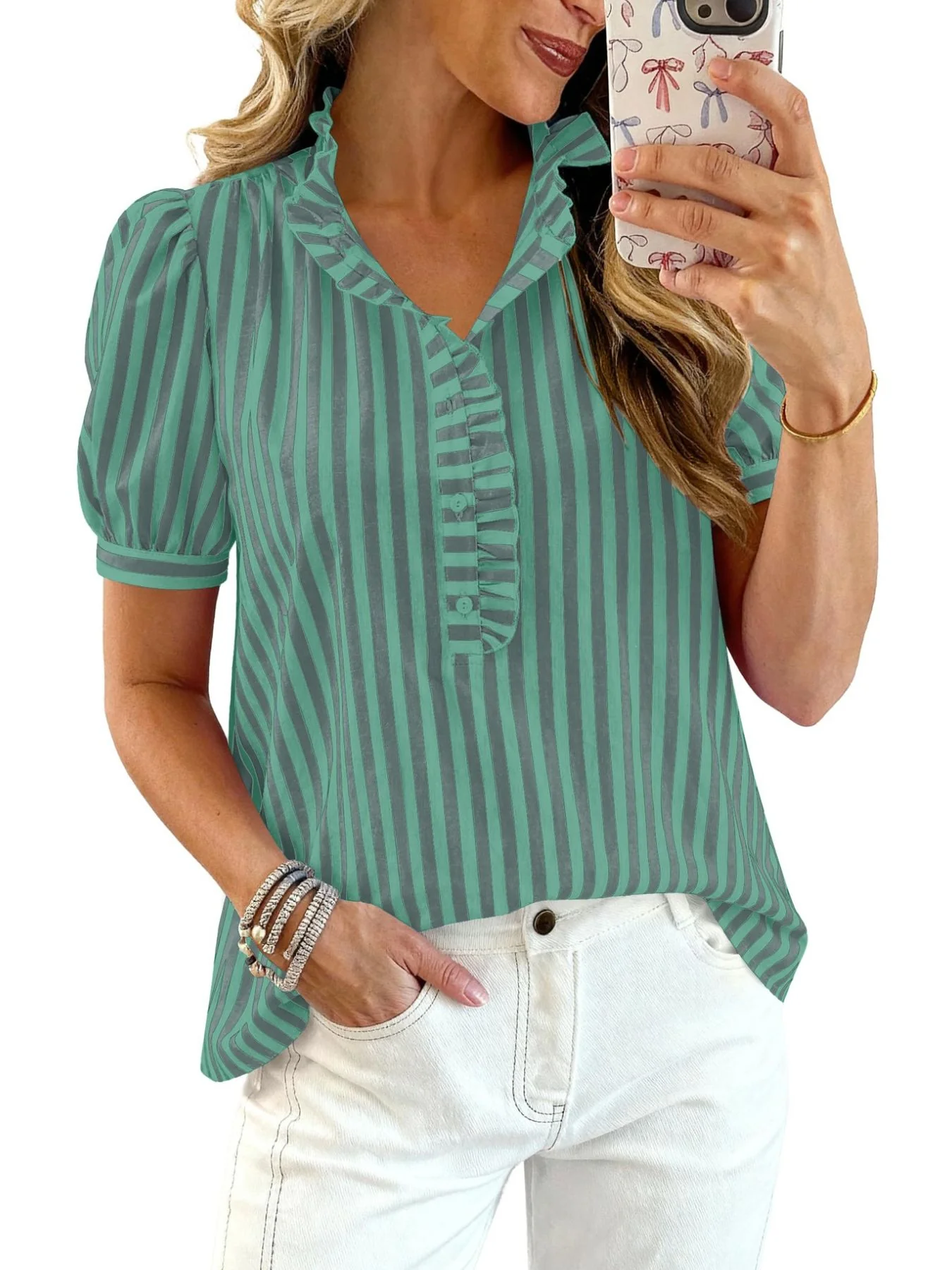 Frill Striped Puff Sleeve Blouse - Image 12