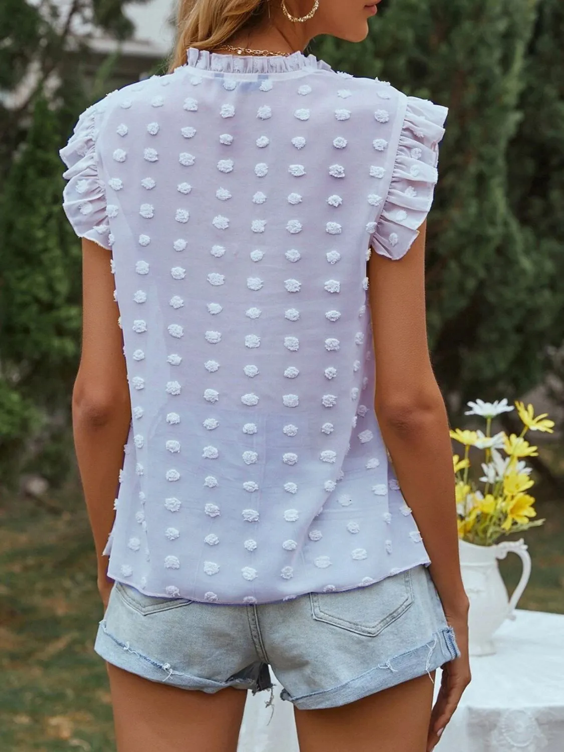 Frill Tie Neck Cap Sleeve Blouse - Image 3