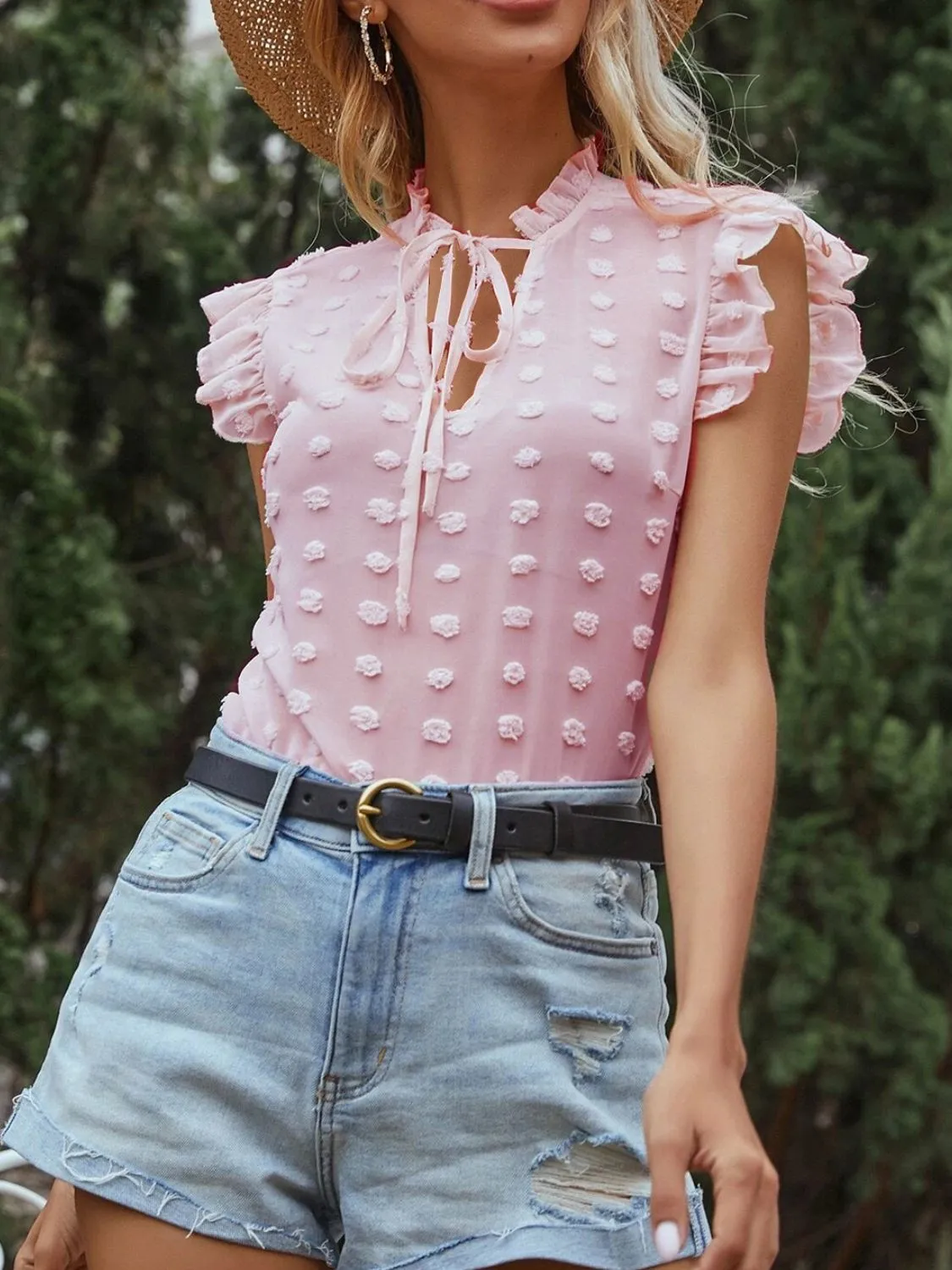 Frill Tie Neck Cap Sleeve Blouse - Image 5