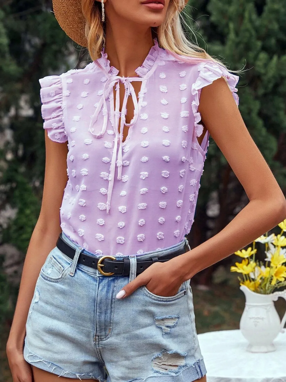 Frill Tie Neck Cap Sleeve Blouse - Image 7