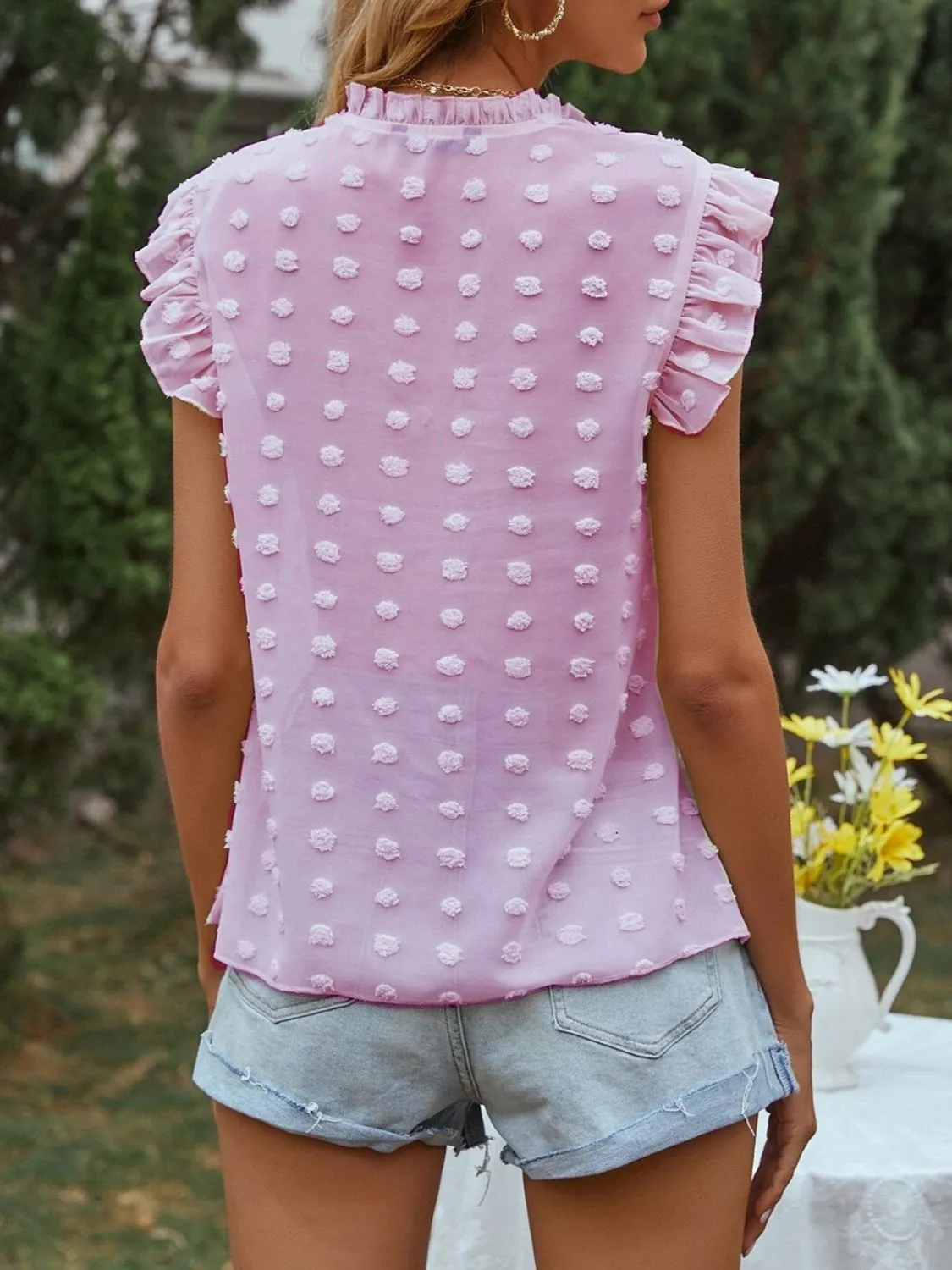 Frill Tie Neck Cap Sleeve Blouse - Image 9