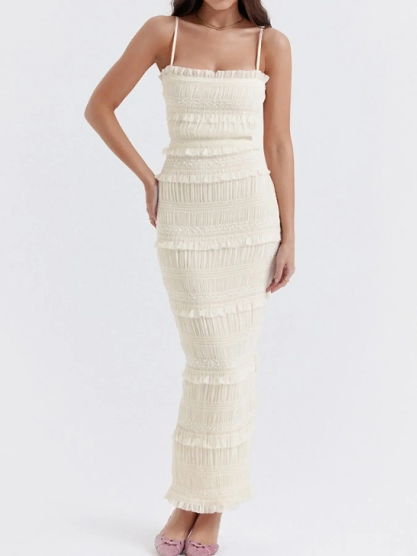 Frill Tiered Textured Maxi Cami Dress