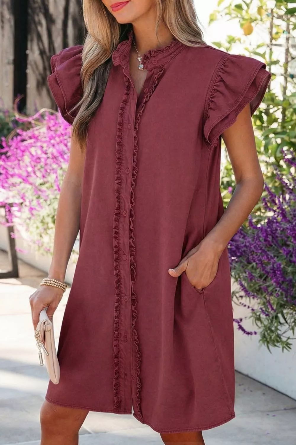 Frilled Detail Button Down Ruffle Short Sleeve Denim Mini Dress - Image 3