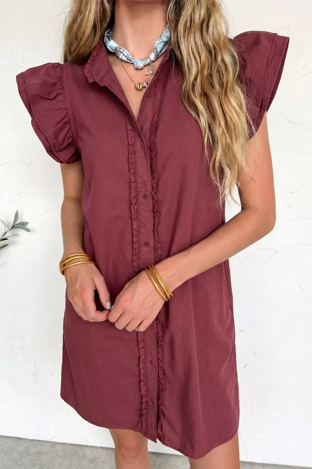 Frilled Detail Button Down Ruffle Short Sleeve Denim Mini Dress - Image 4