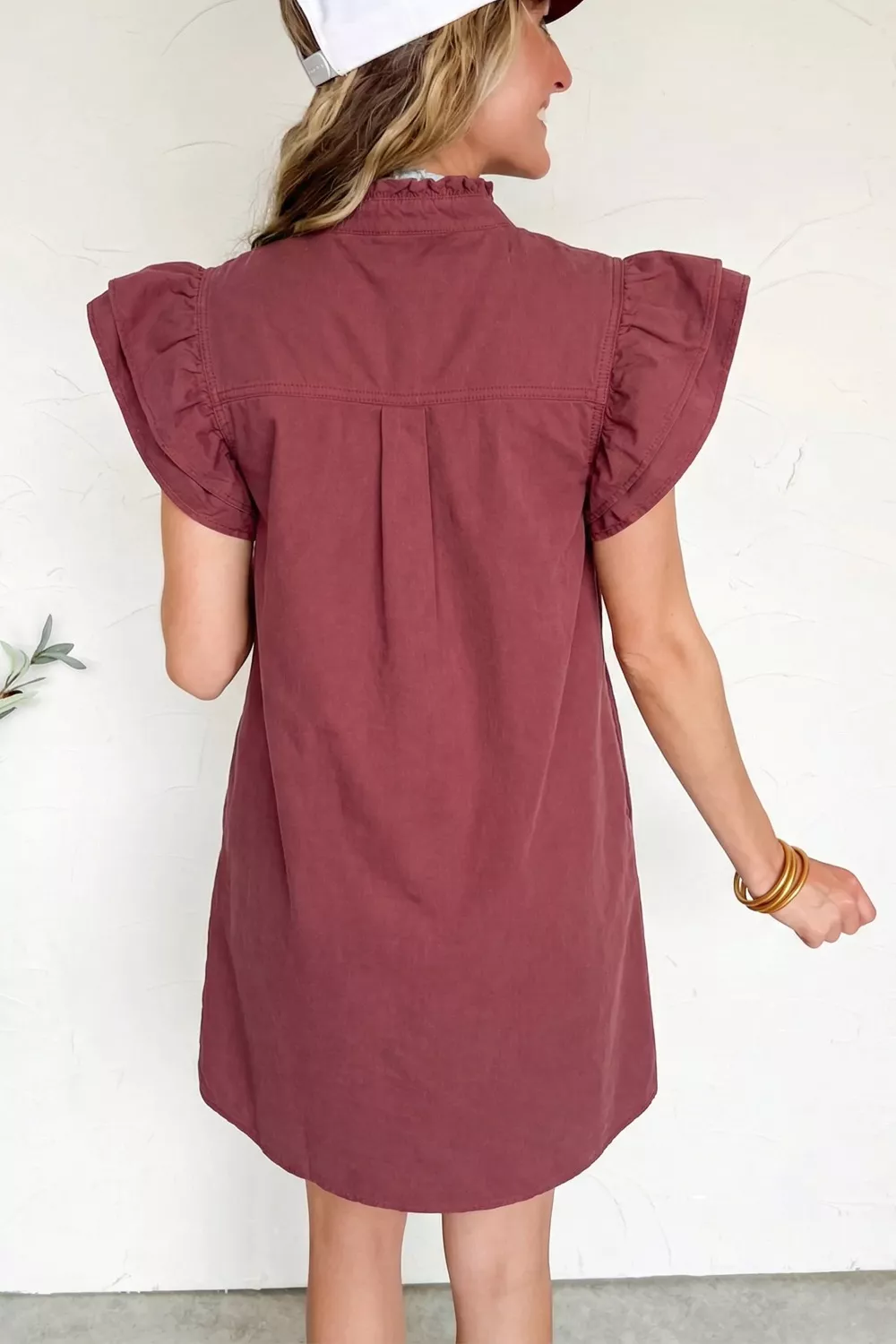 Frilled Detail Button Down Ruffle Short Sleeve Denim Mini Dress - Image 5