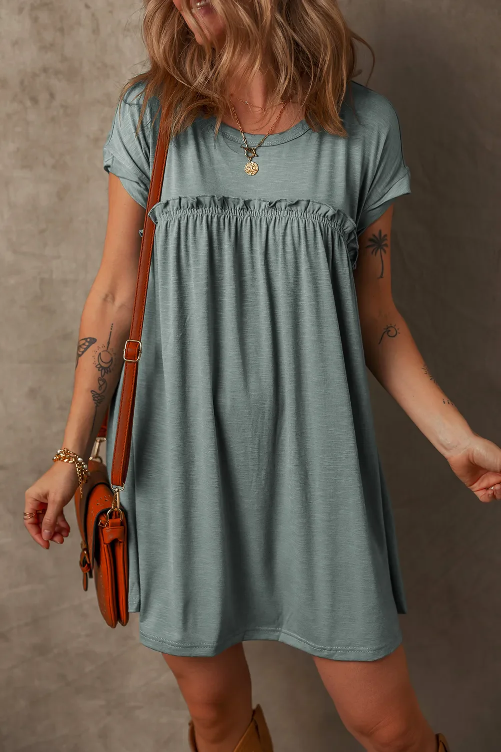 Frilled Gathered Seam Round Neck T Shirt Dress - Image 2