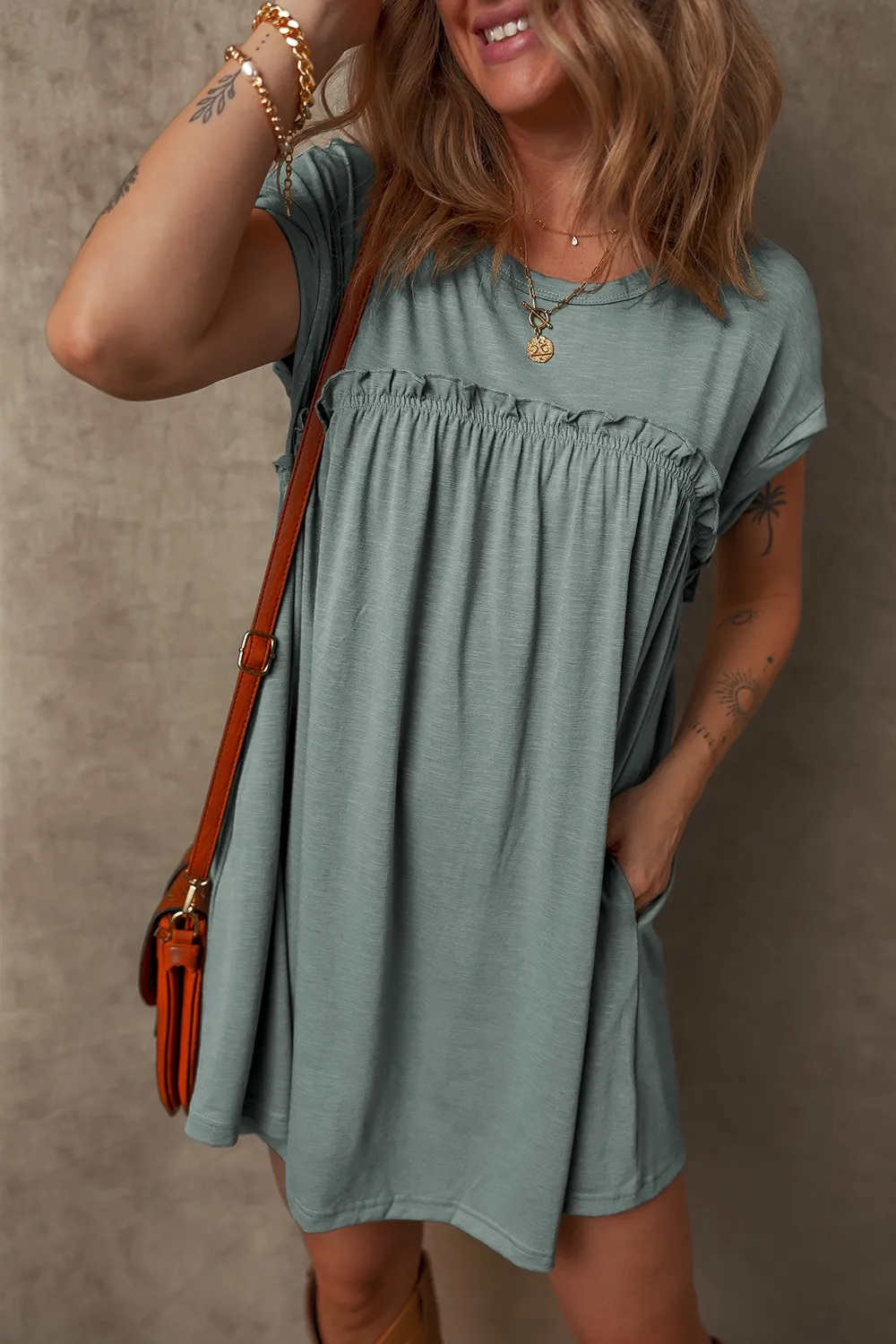 Frilled Gathered Seam Round Neck T Shirt Dress - Image 4