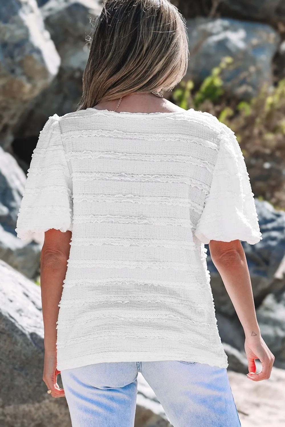 Frilled Lace Trim Bubble Sleeve Blouse - Image 5