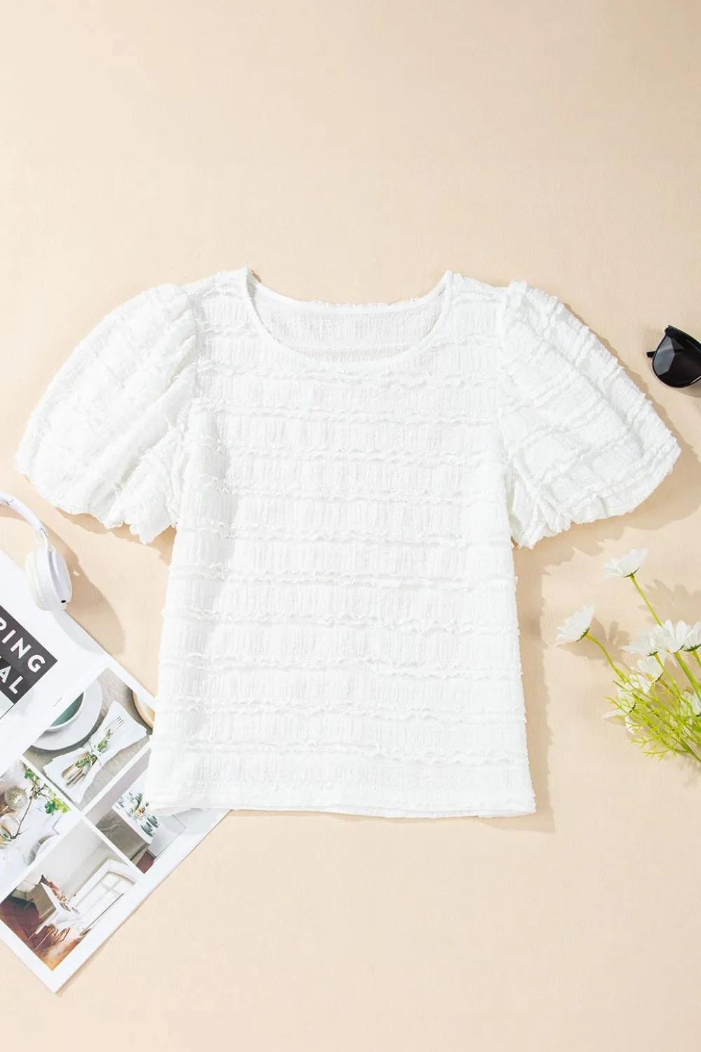 Frilled Lace Trim Bubble Sleeve Blouse - Image 7