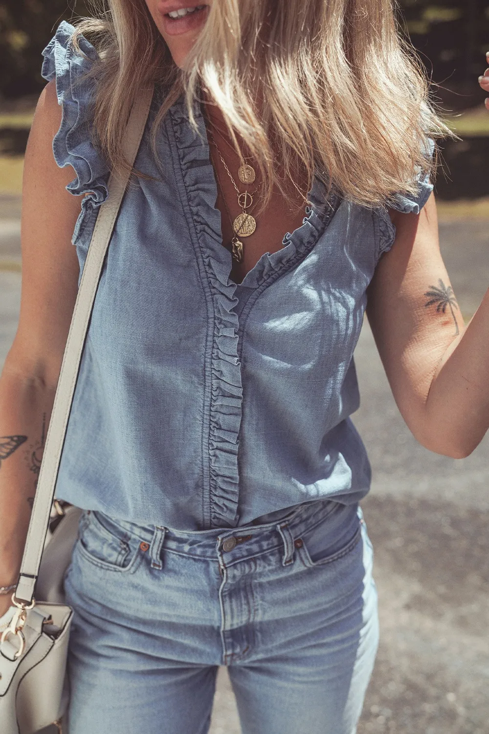 Frilly Ruffle Trim V Neck Chambray Tank - Image 4
