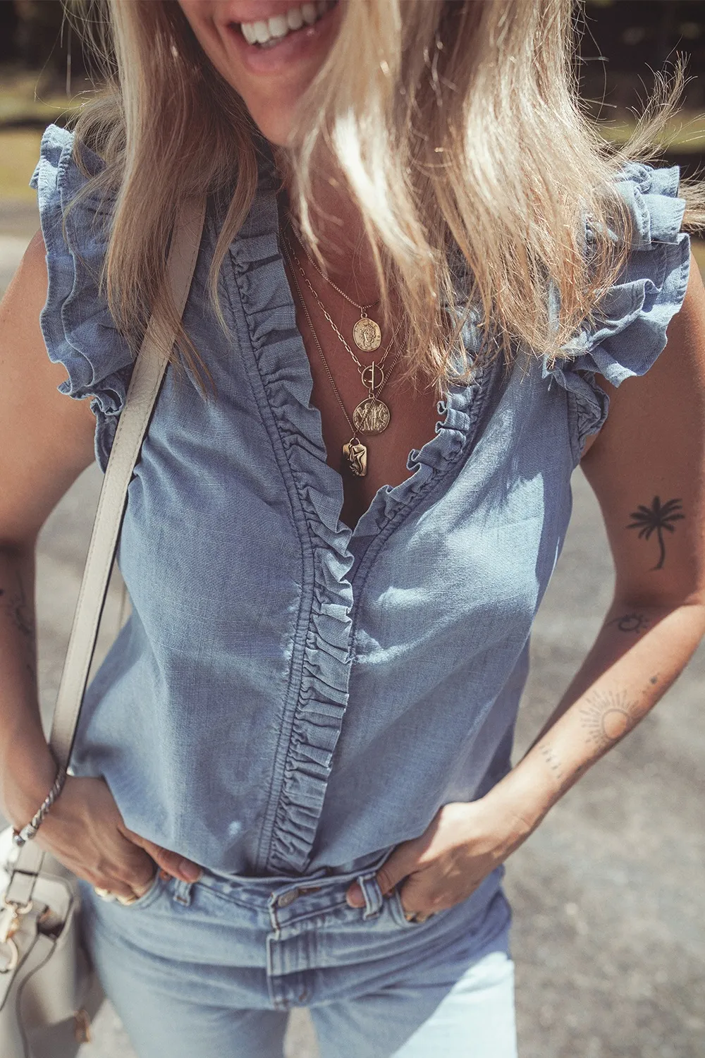 Frilly Ruffle Trim V Neck Chambray Tank - Image 5