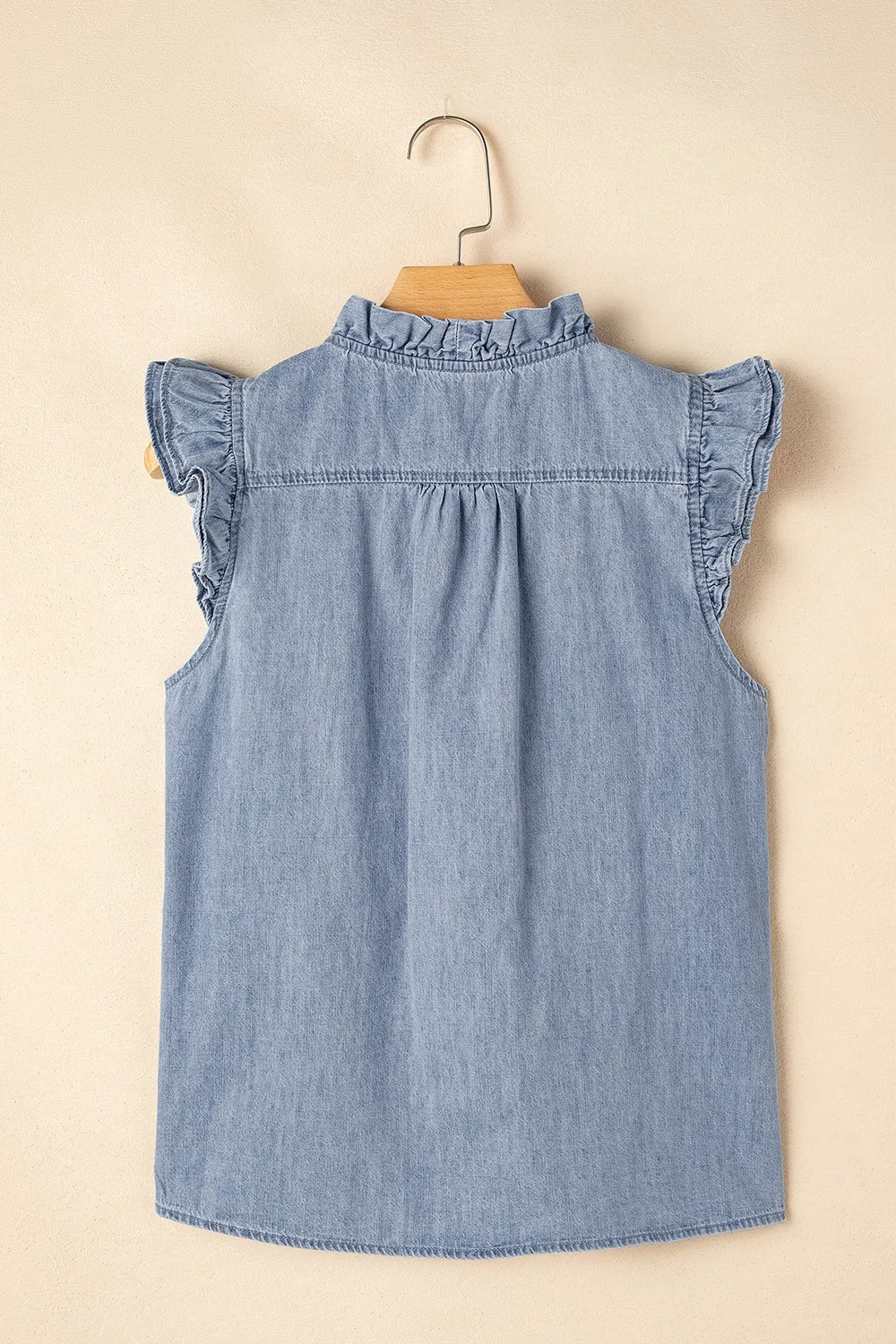 Frilly Ruffle Trim V Neck Chambray Tank - Image 7