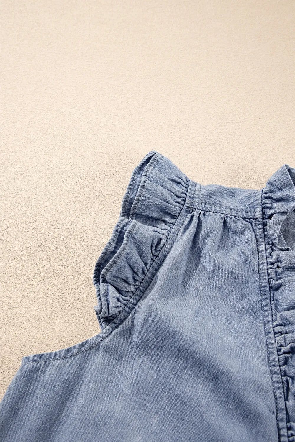 Frilly Ruffle Trim V Neck Chambray Tank - Image 9