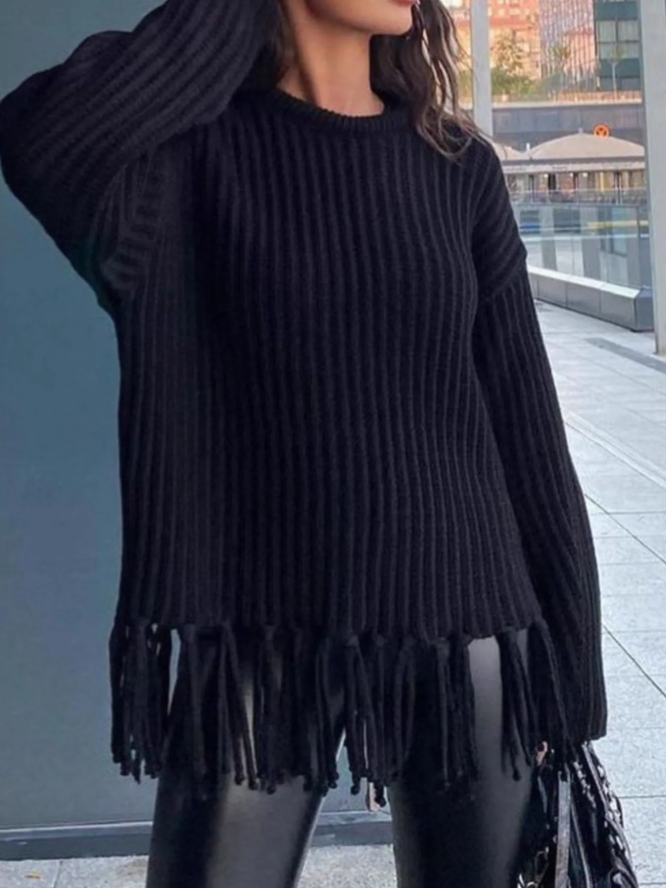 Fringe Round Neck Long Sleeve Sweater - Image 10