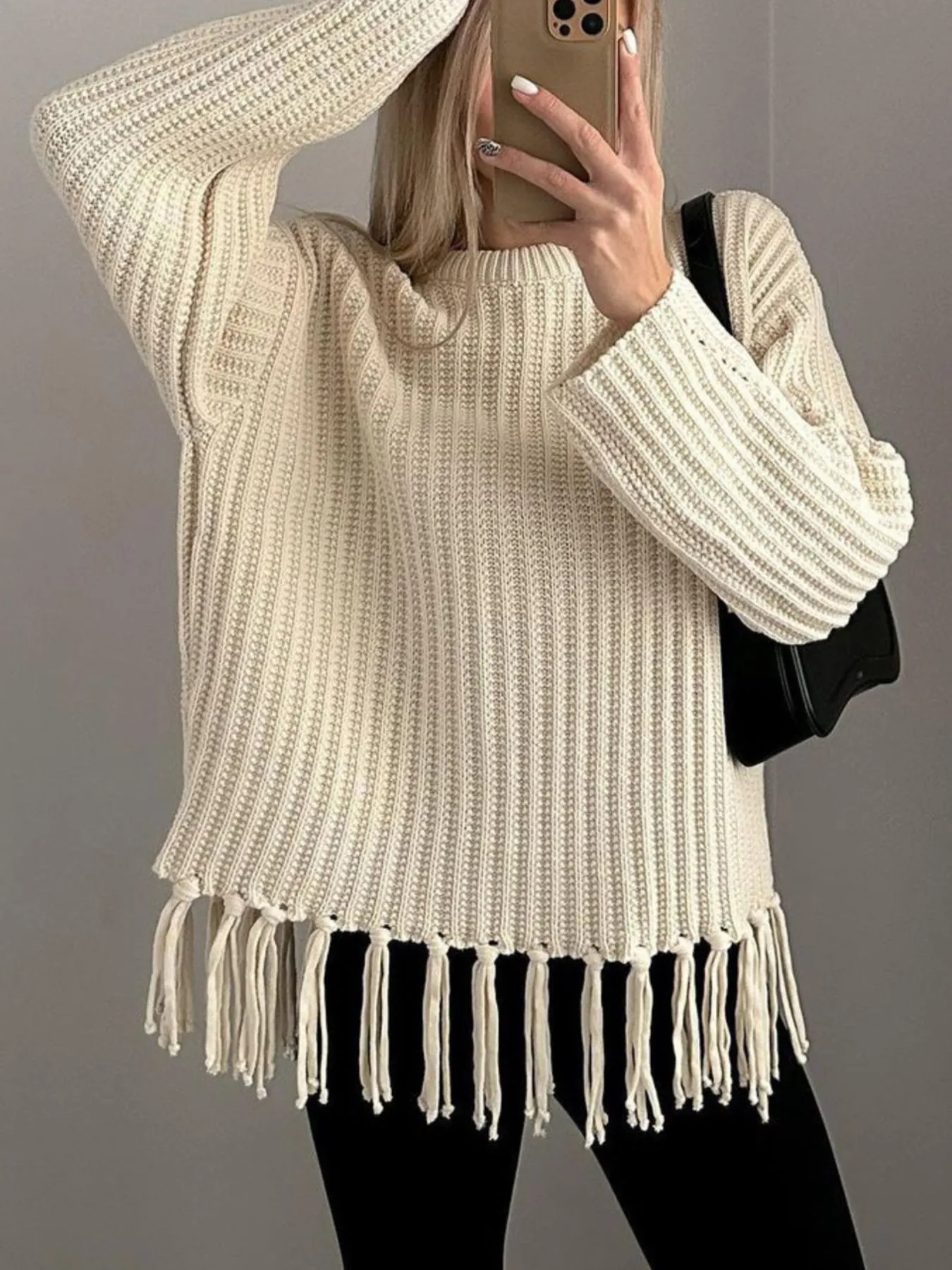 Fringe Round Neck Long Sleeve Sweater - Image 3