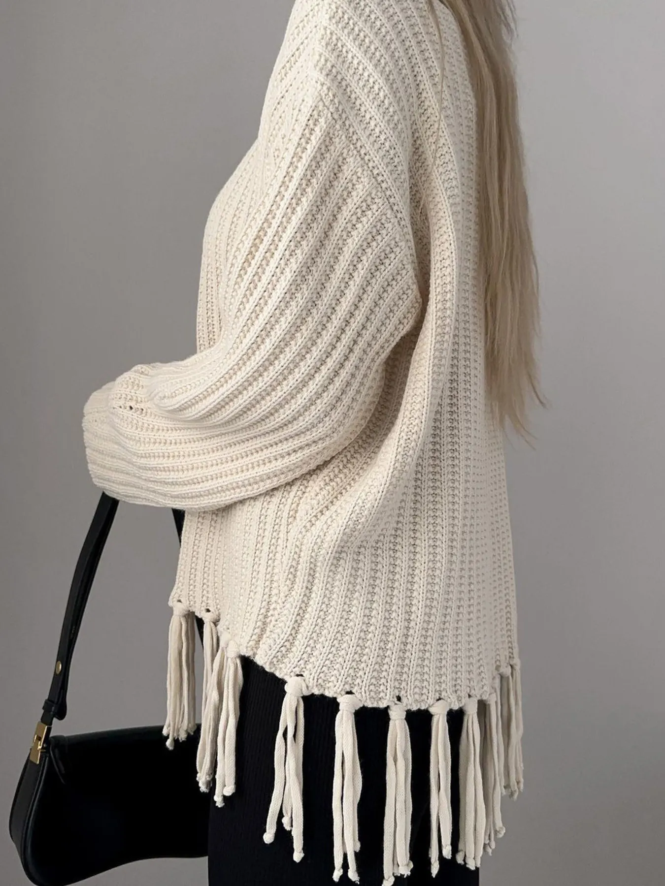 Fringe Round Neck Long Sleeve Sweater - Image 4