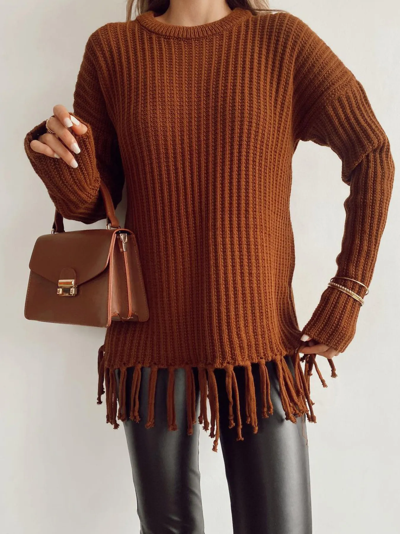 Fringe Round Neck Long Sleeve Sweater - Image 7