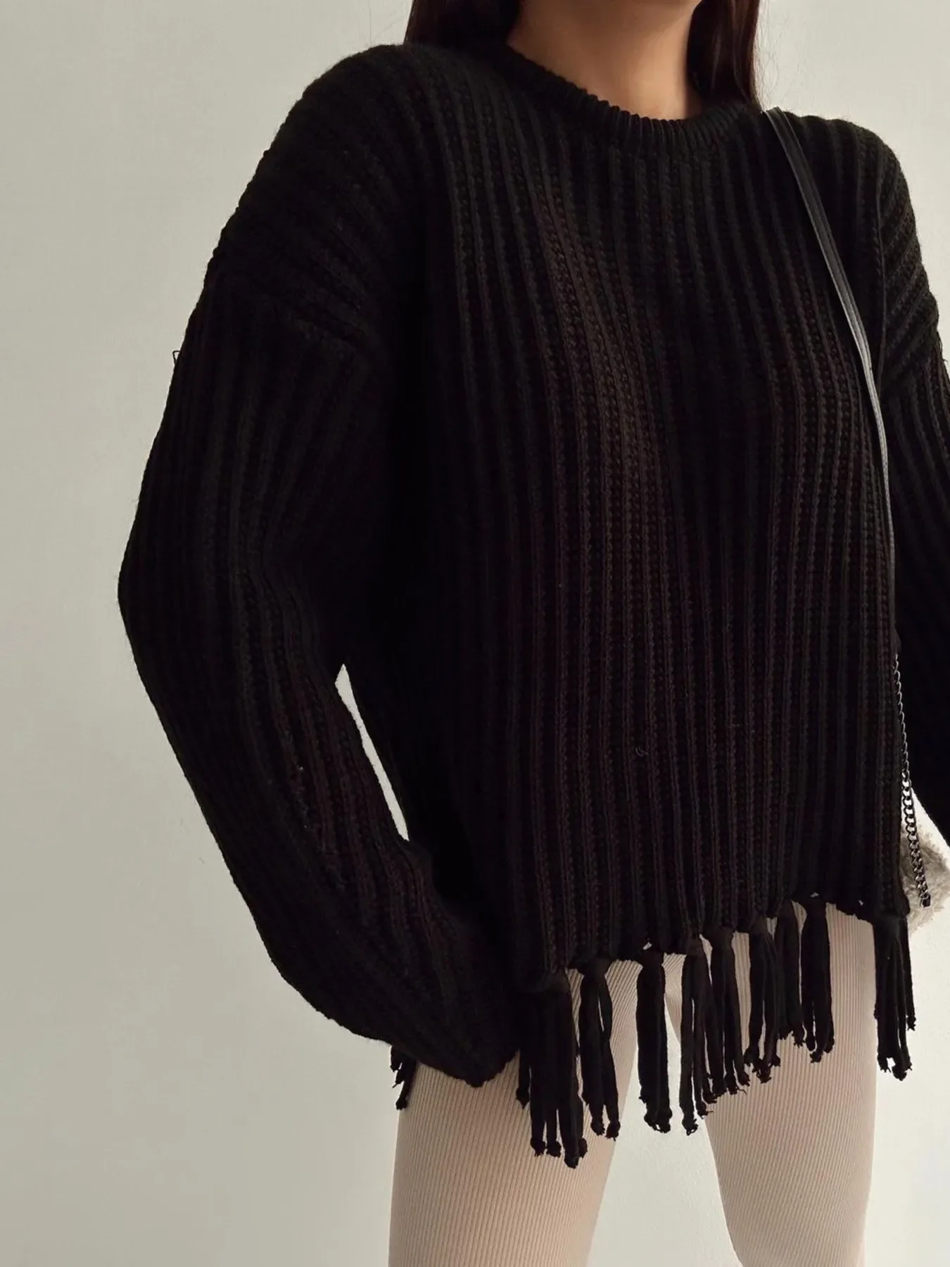 Fringe Round Neck Long Sleeve Sweater - Image 9