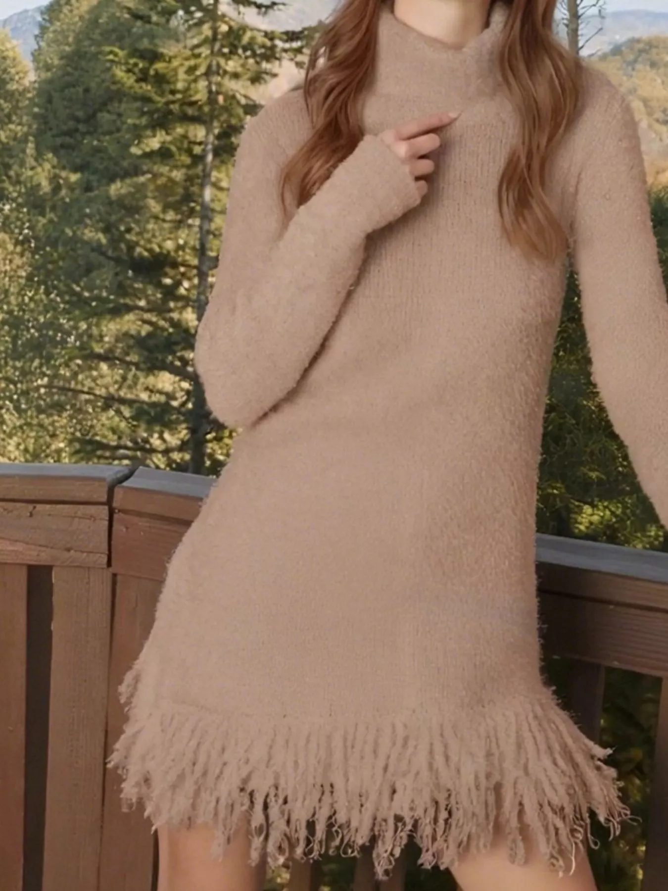 Fringe Turtleneck Long Sleeve Sweater Dress - Image 5