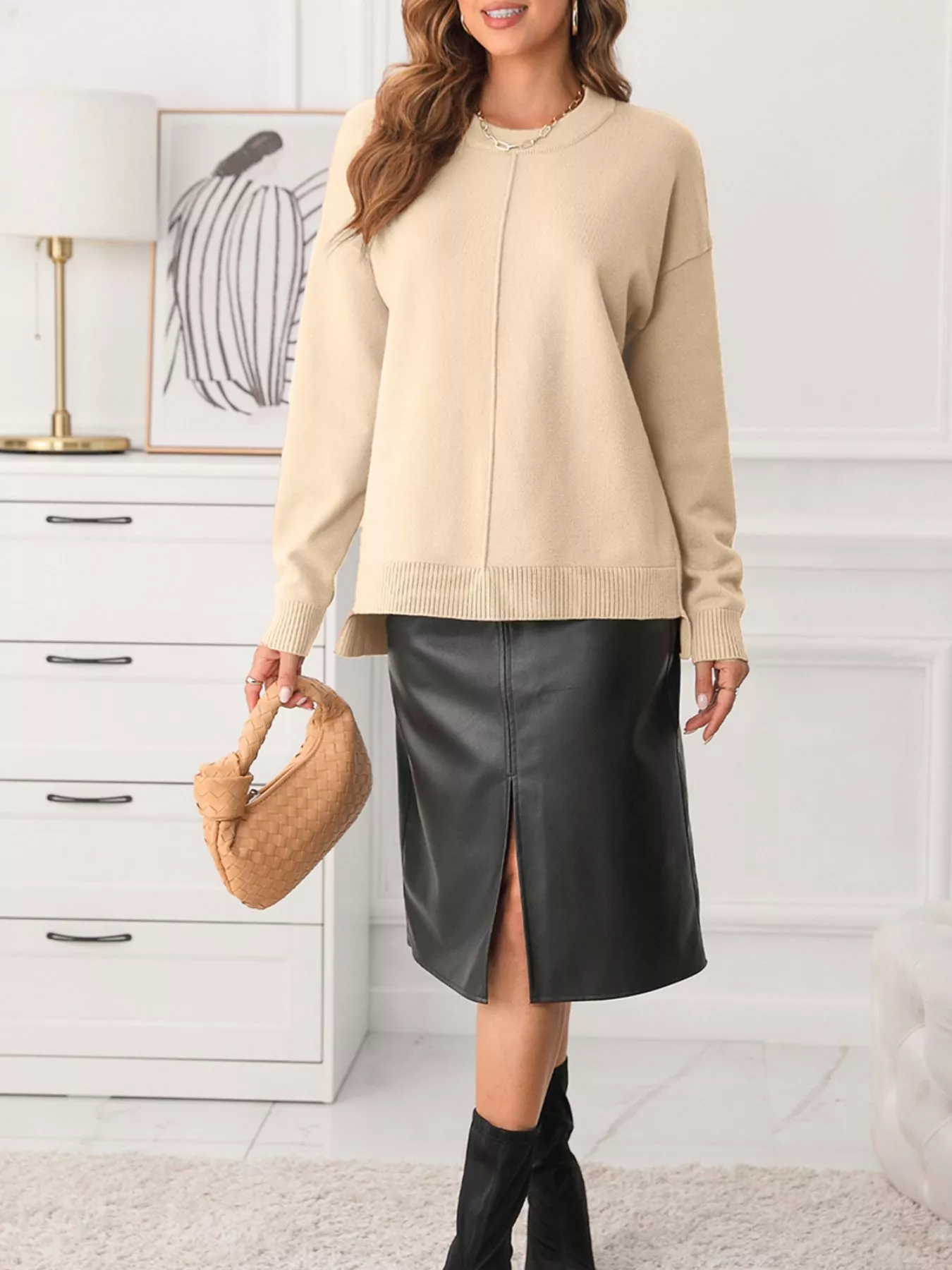 Front Center Seam Drop Shoulder Solid Sweater - Image 5