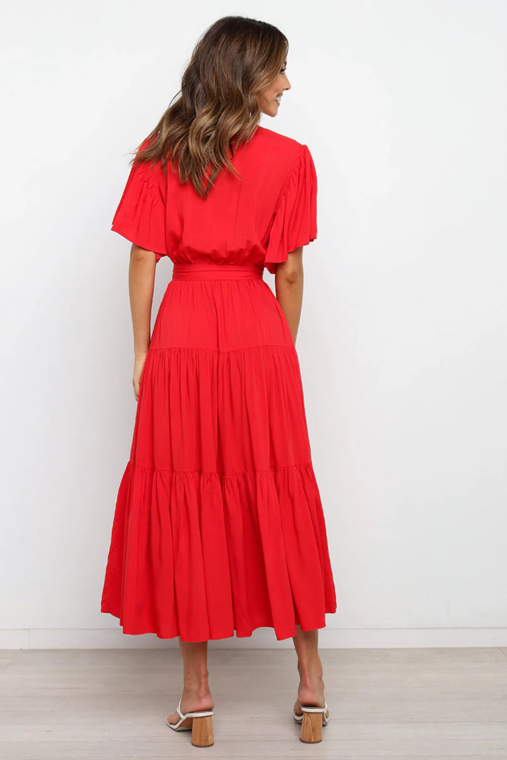 Front Tie Short Sleeve Tiered Midi Dress - Image 10