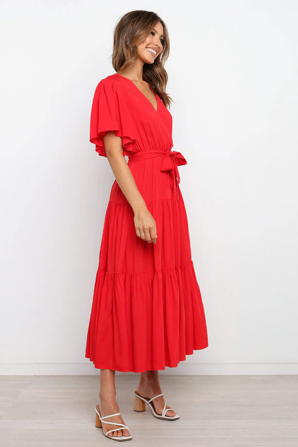 Front Tie Short Sleeve Tiered Midi Dress - Image 11