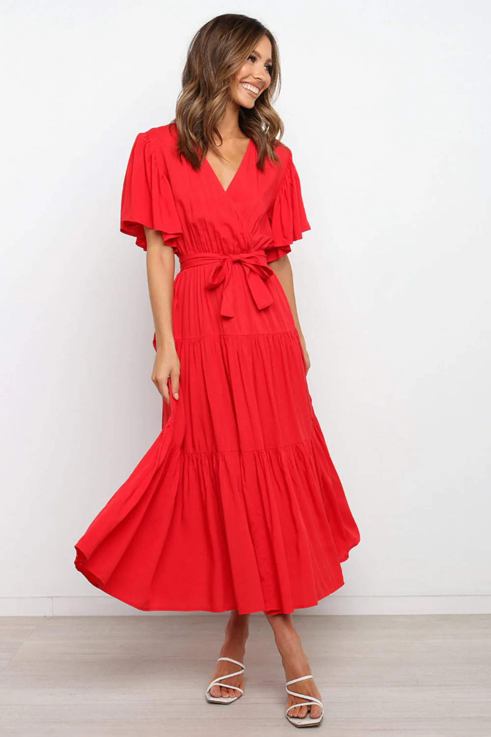 Front Tie Short Sleeve Tiered Midi Dress - Image 12