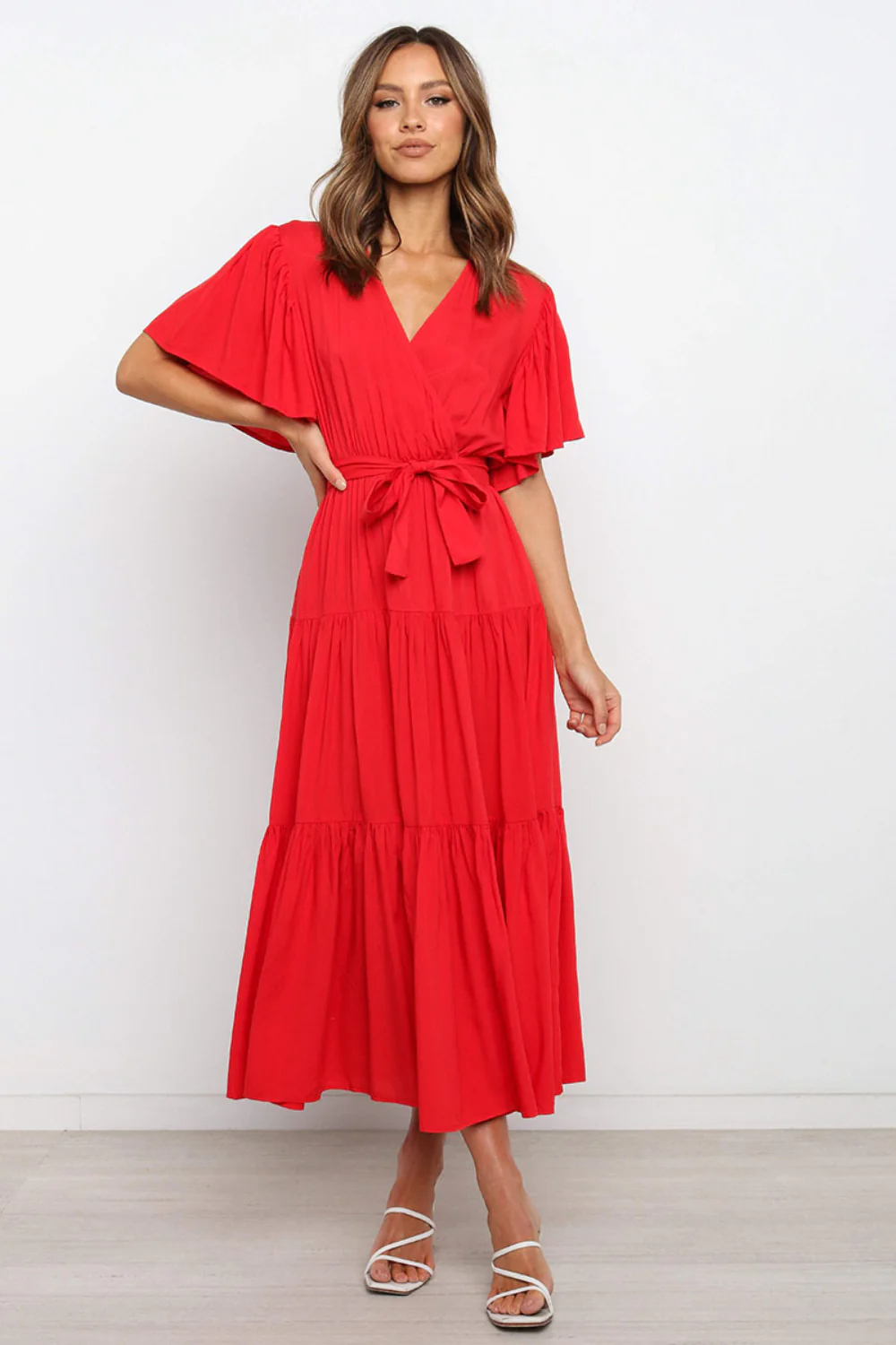 Front Tie Short Sleeve Tiered Midi Dress - Image 13