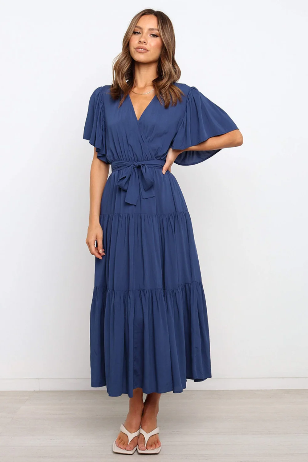 Front Tie Short Sleeve Tiered Midi Dress - Image 3