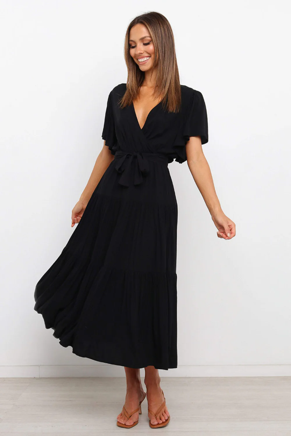 Front Tie Short Sleeve Tiered Midi Dress - Image 6