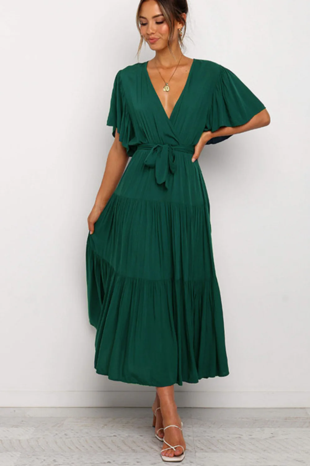 Front Tie Short Sleeve Tiered Midi Dress - Image 7
