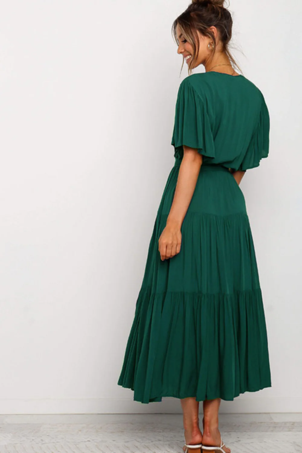 Front Tie Short Sleeve Tiered Midi Dress - Image 8