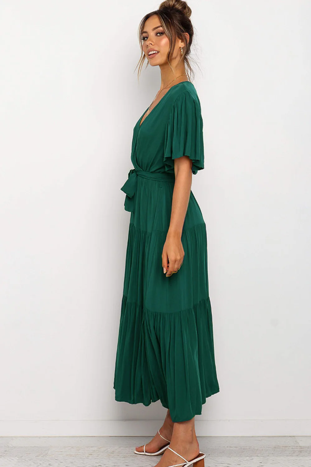 Front Tie Short Sleeve Tiered Midi Dress - Image 9