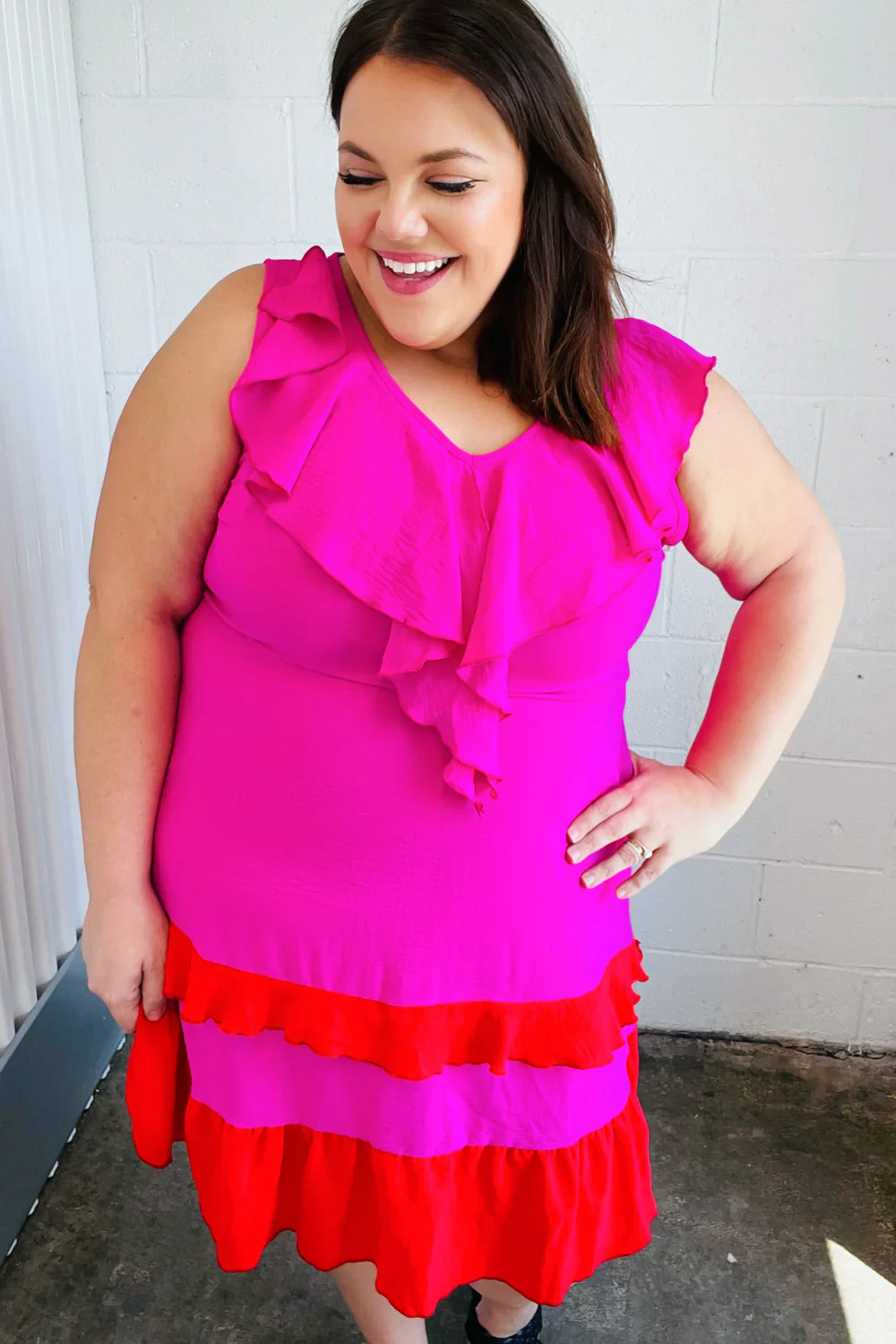 Fuchsia Ruffle V Neck Crepe Tiered Midi Dress - Image 2