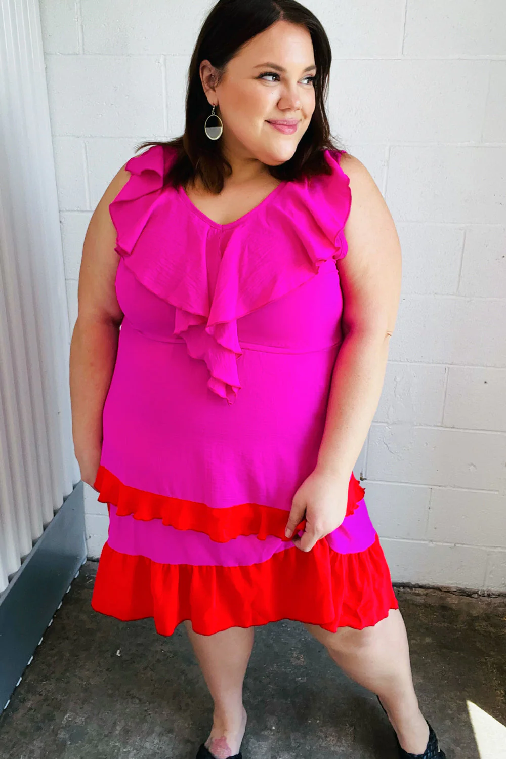 Fuchsia Ruffle V Neck Crepe Tiered Midi Dress - Image 5