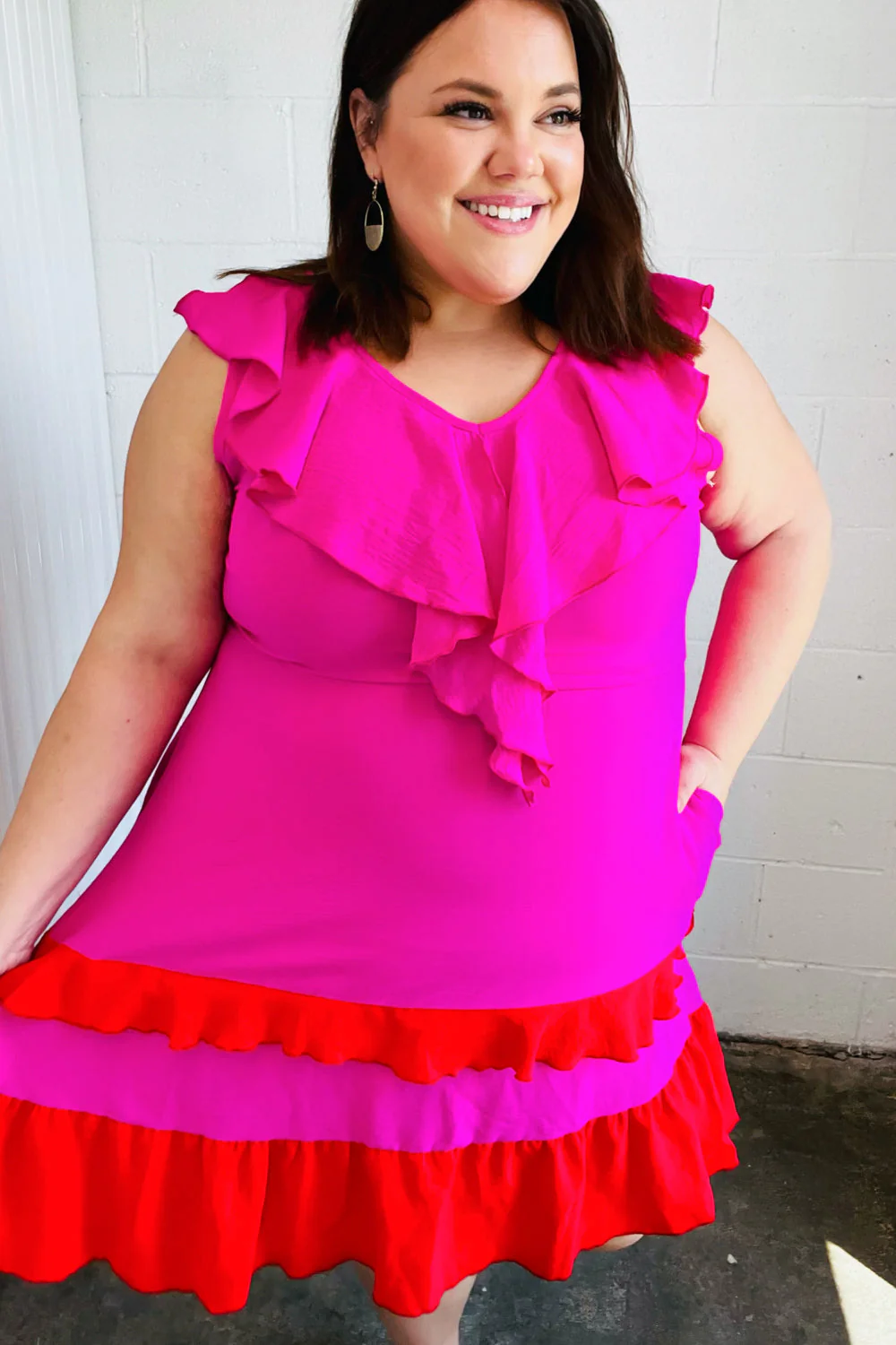 Fuchsia Ruffle V Neck Crepe Tiered Midi Dress - Image 8