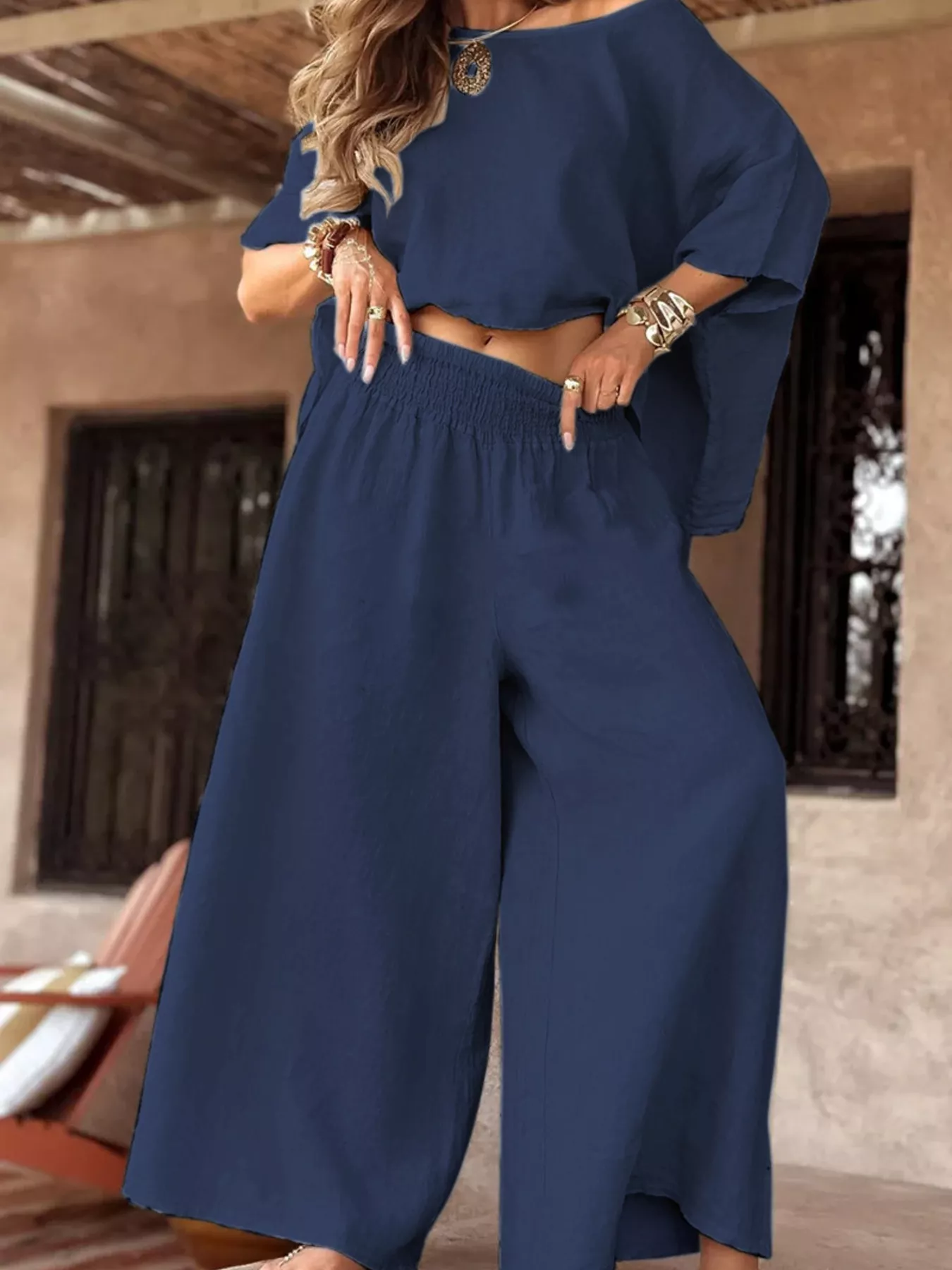 Full Size Boat Neck Top and Wide Leg Pants Set Plus Size - Image 13