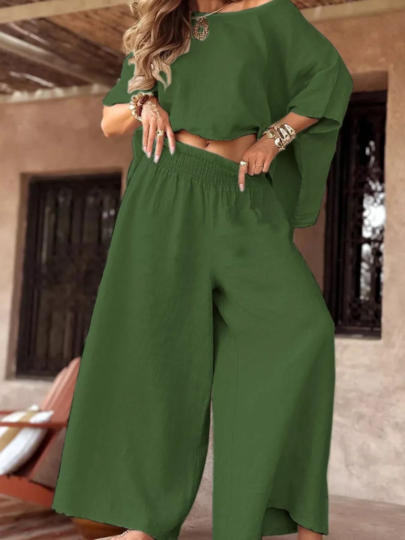 Full Size Boat Neck Top and Wide Leg Pants Set Plus Size - Image 16