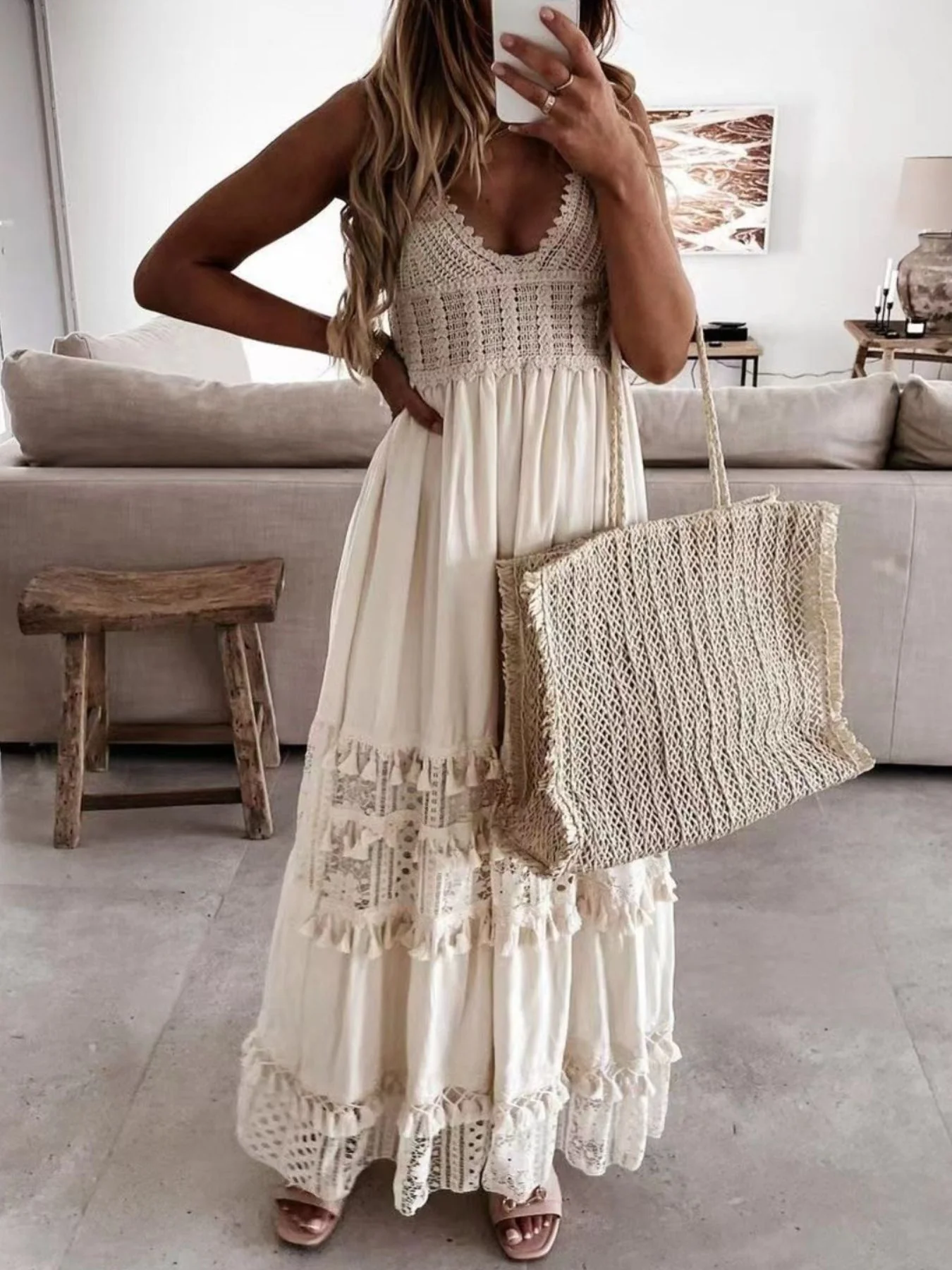 Full Size Bohemian Crochet Trimmed Cami Dress with Tassel Trim Plus Size - Image 2