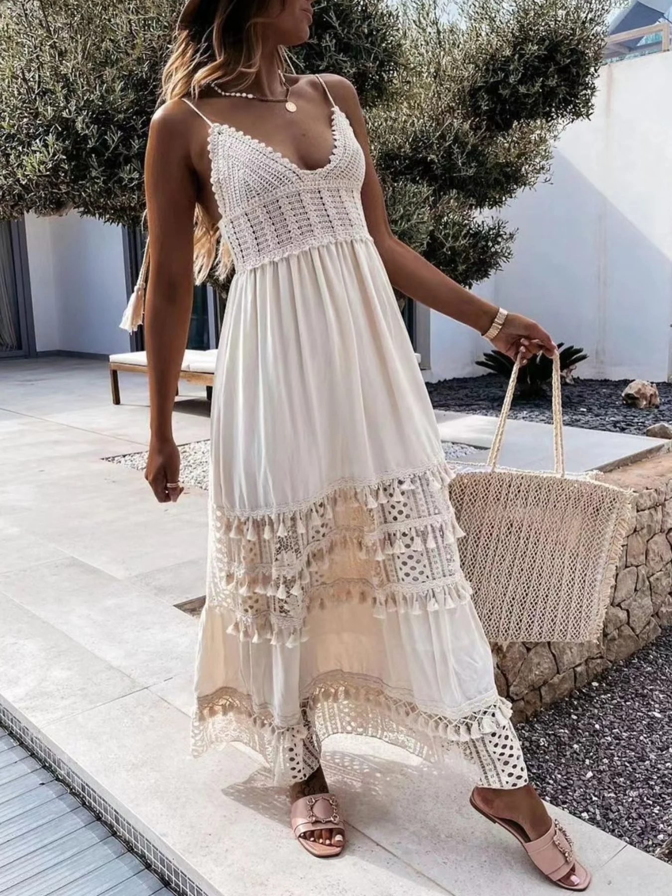 Full Size Bohemian Crochet Trimmed Cami Dress with Tassel Trim Plus Size - Image 3