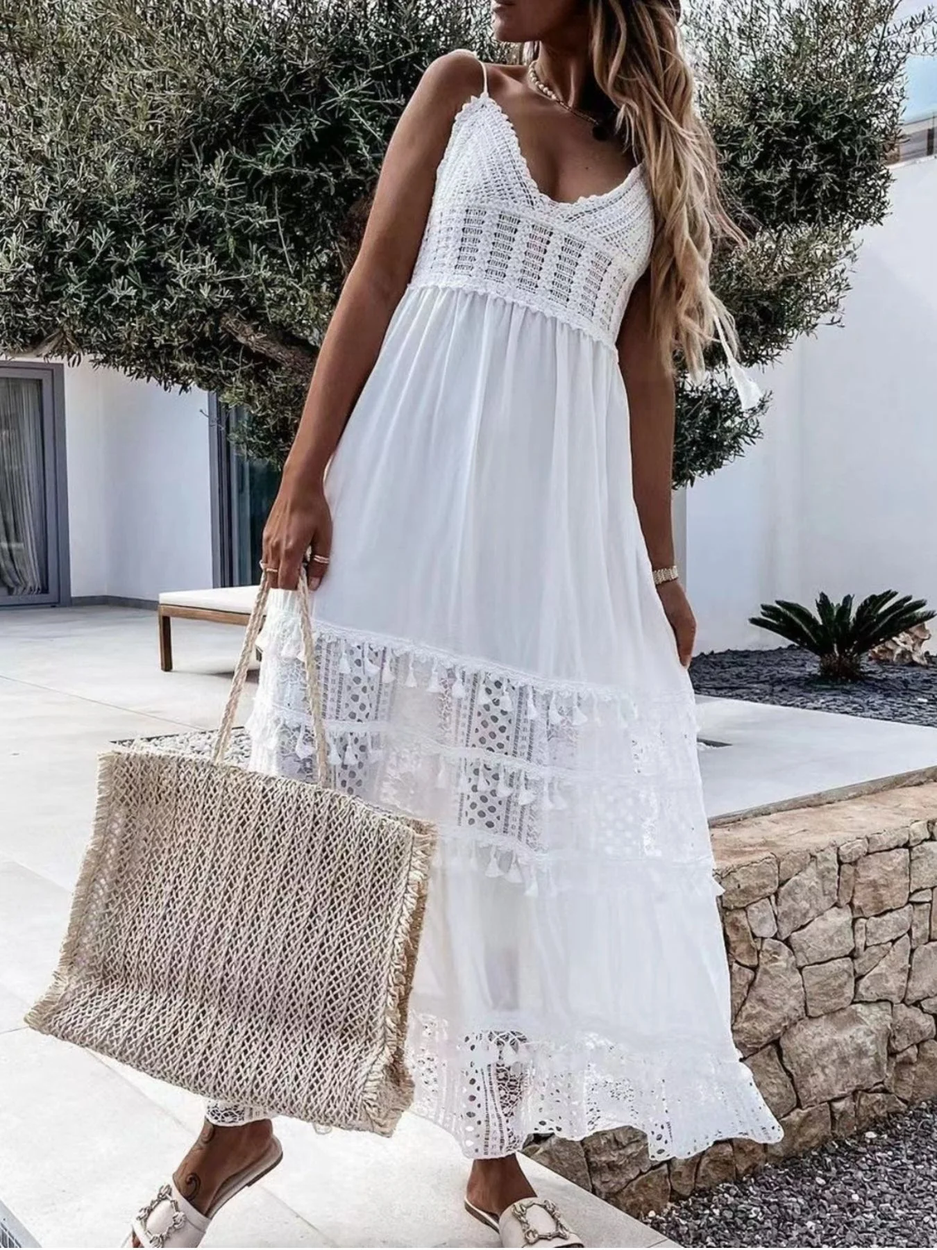 Full Size Bohemian Crochet Trimmed Cami Dress with Tassel Trim Plus Size - Image 5