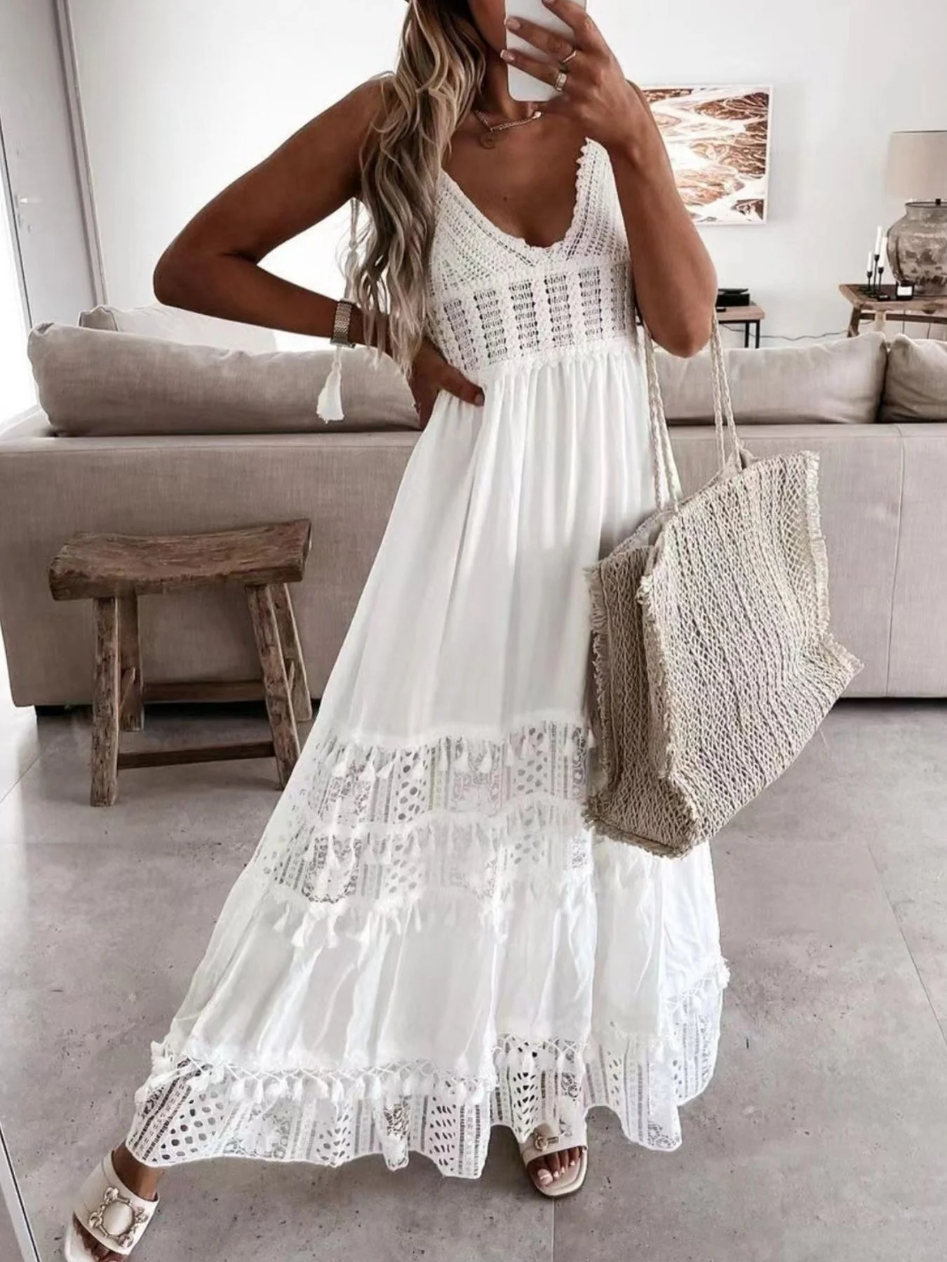 Full Size Bohemian Crochet Trimmed Cami Dress with Tassel Trim Plus Size - Image 6