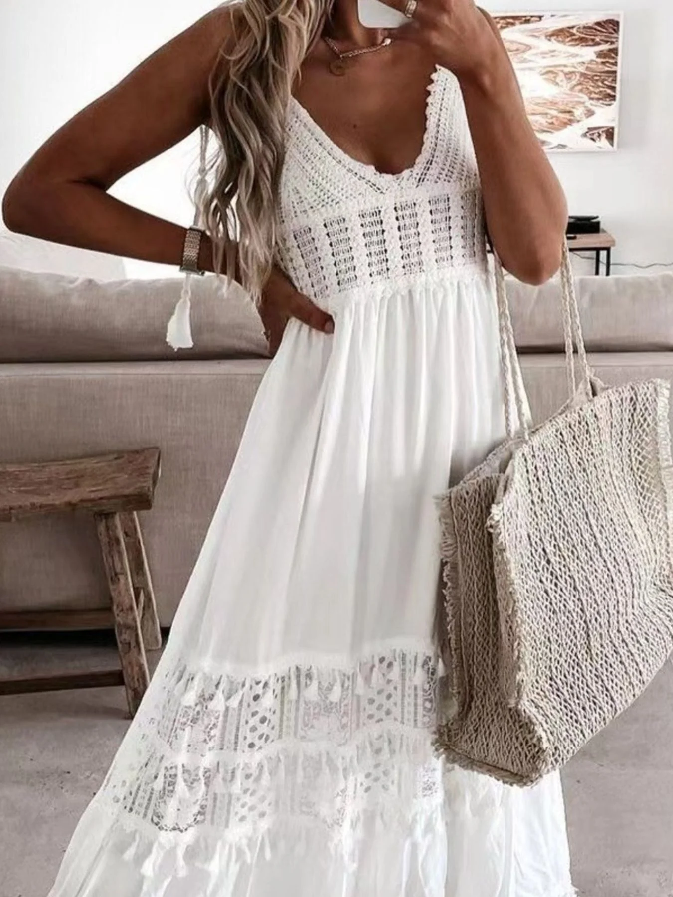 Full Size Bohemian Crochet Trimmed Cami Dress with Tassel Trim Plus Size - Image 7
