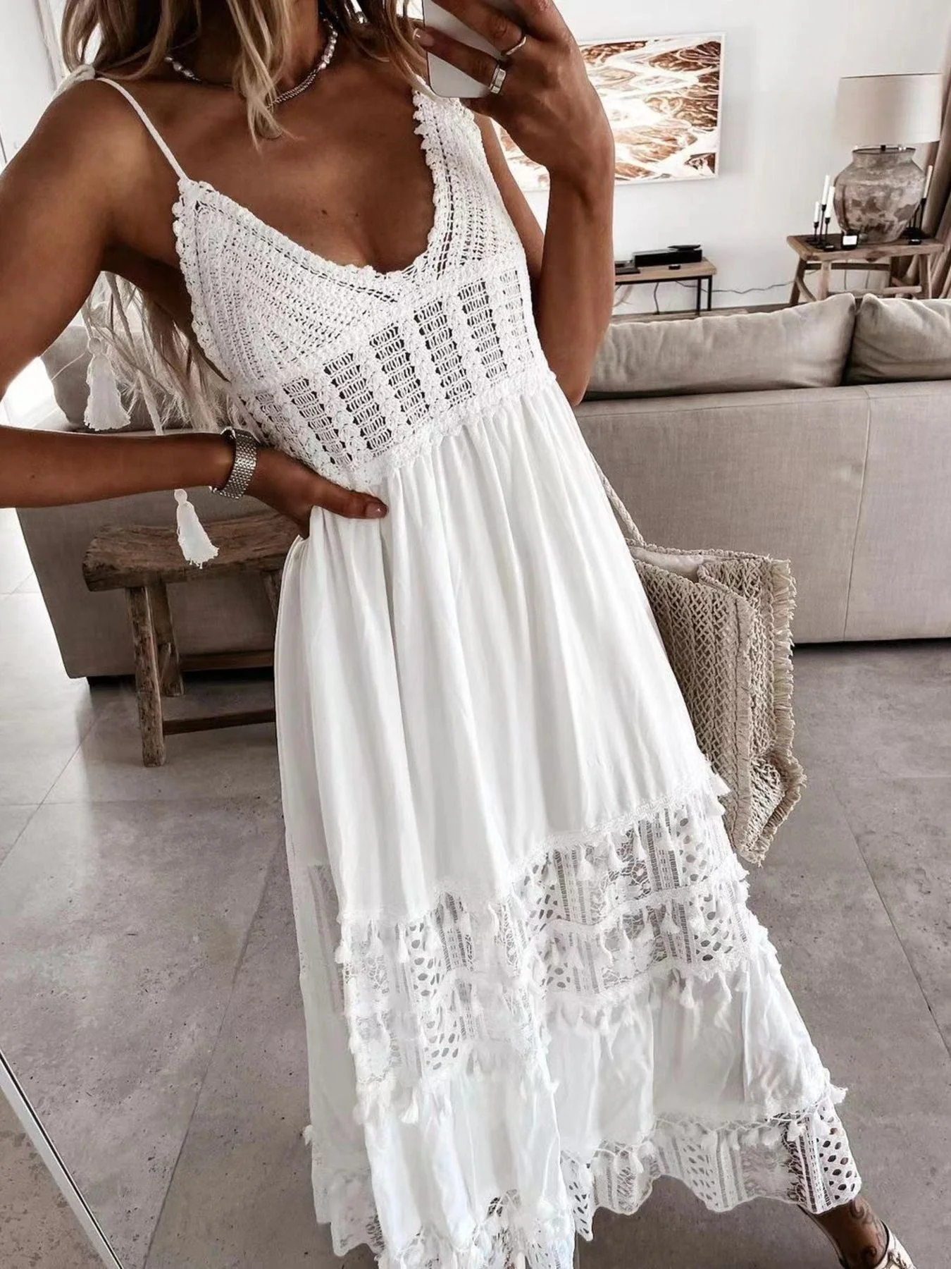 Full Size Bohemian Crochet Trimmed Cami Dress with Tassel Trim Plus Size - Image 8