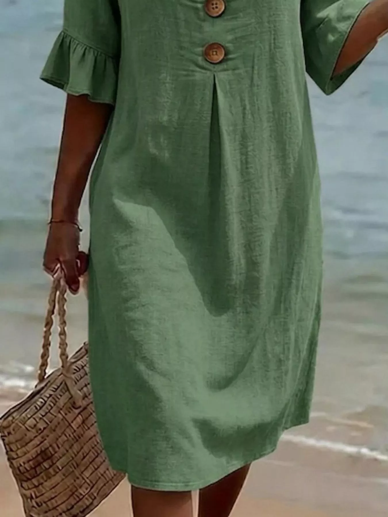 Full Size Button Decor Flounce Sleeve Dress Plus Size - Image 10