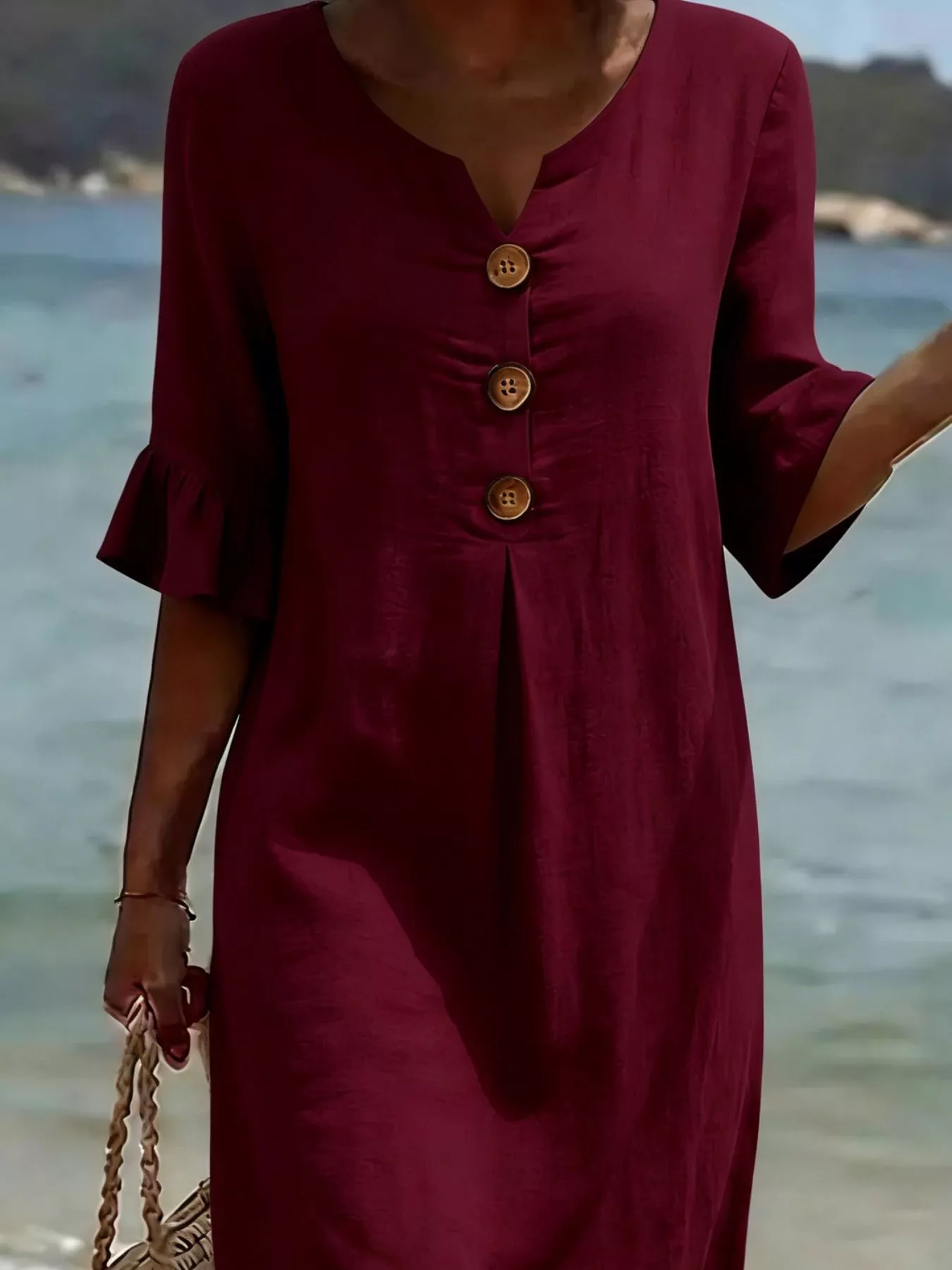 Full Size Button Decor Flounce Sleeve Dress Plus Size - Image 17