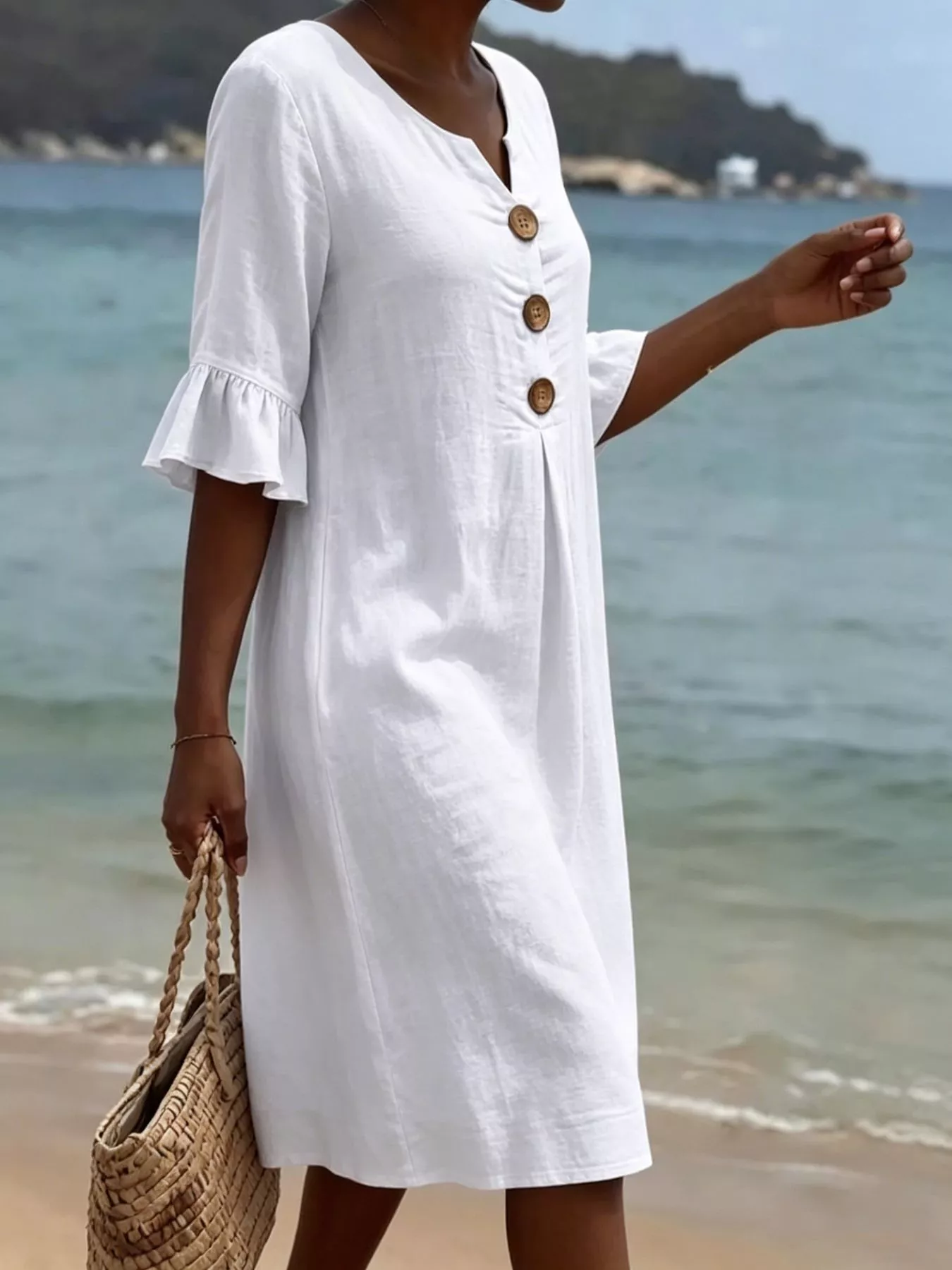 Full Size Button Decor Flounce Sleeve Dress Plus Size - Image 3