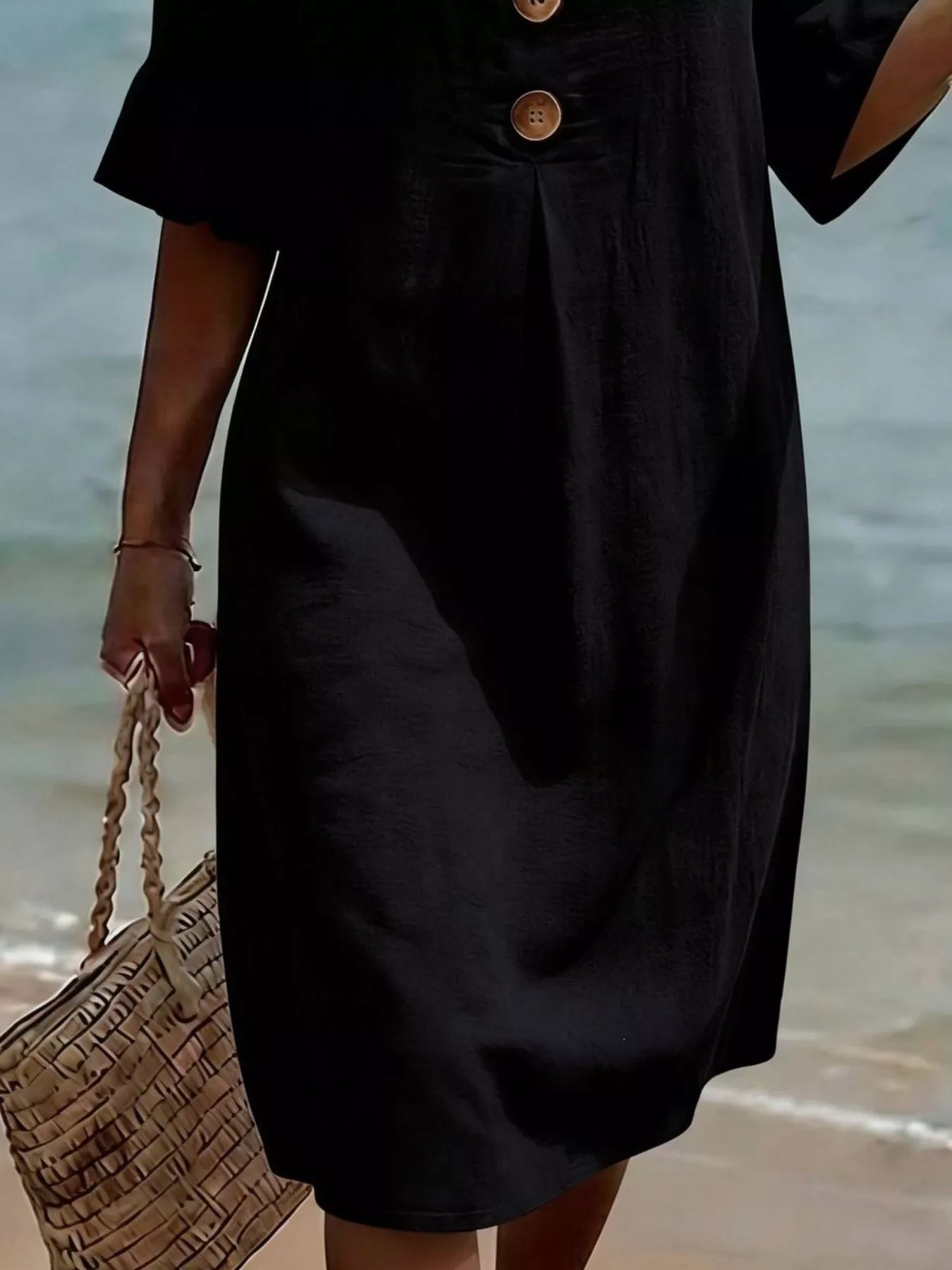 Full Size Button Decor Flounce Sleeve Dress Plus Size - Image 5