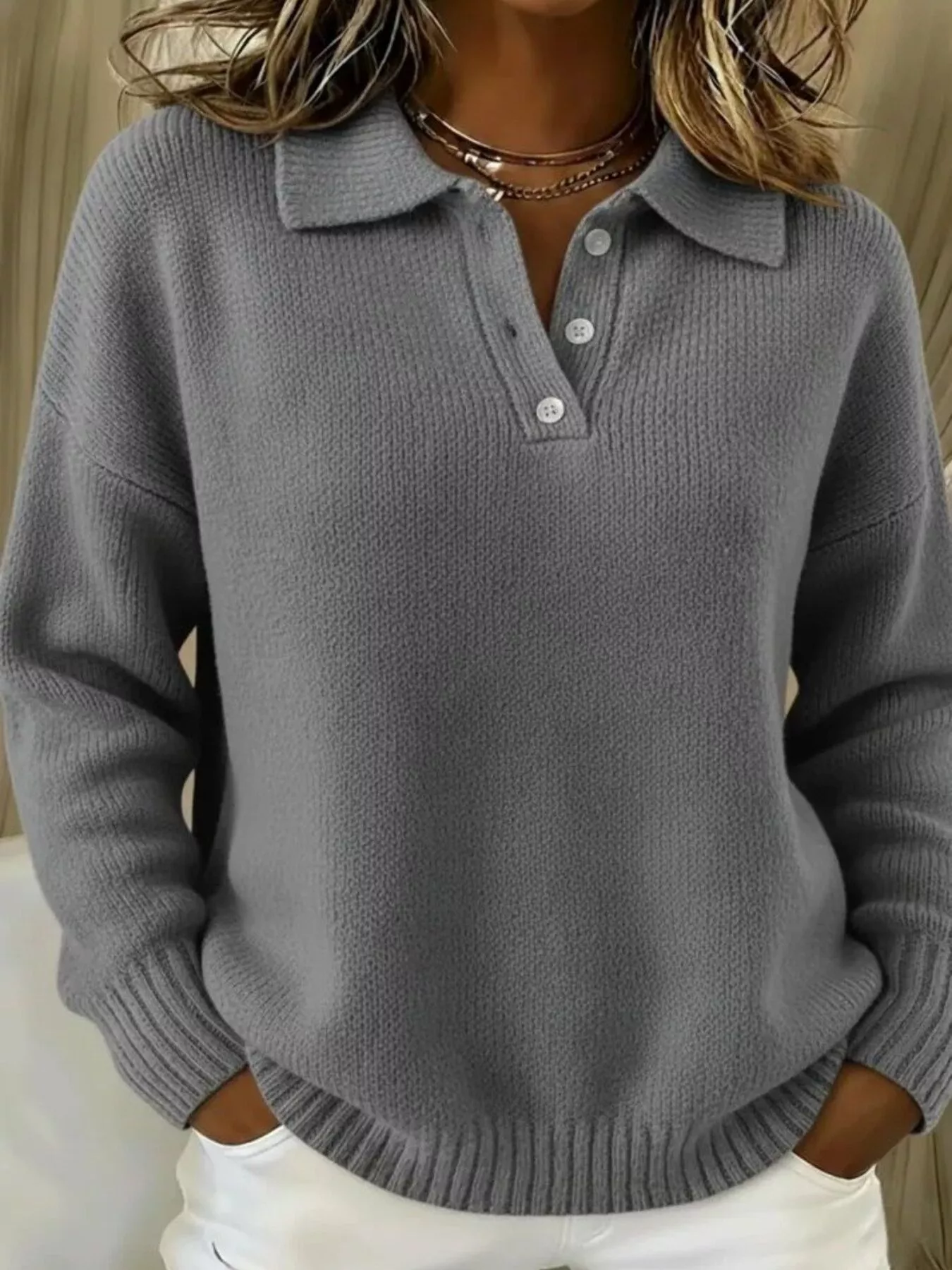 Full Size Button Detail Drop Shoulder Sweater Plus Size - Image 13