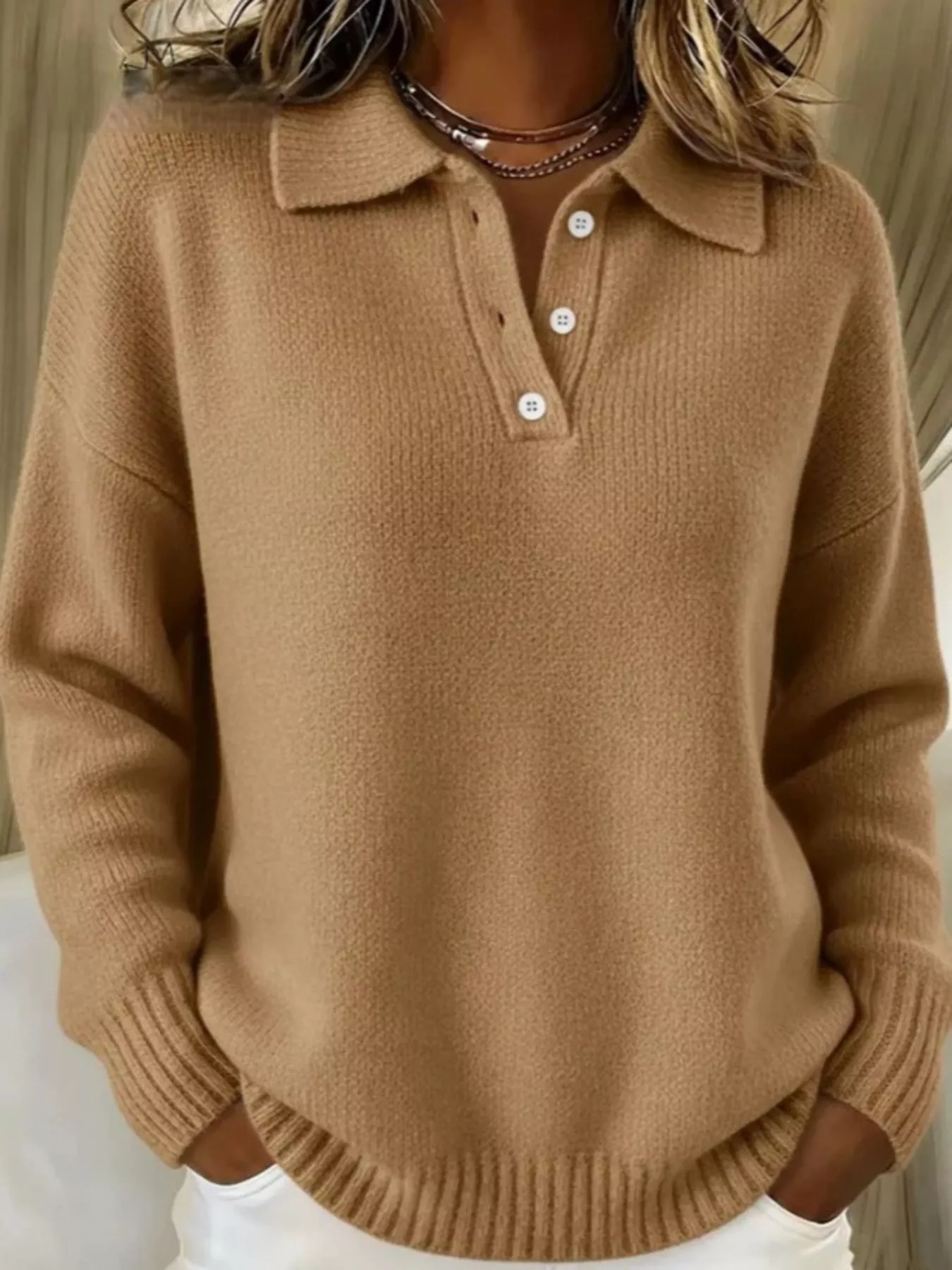 Full Size Button Detail Drop Shoulder Sweater Plus Size - Image 17